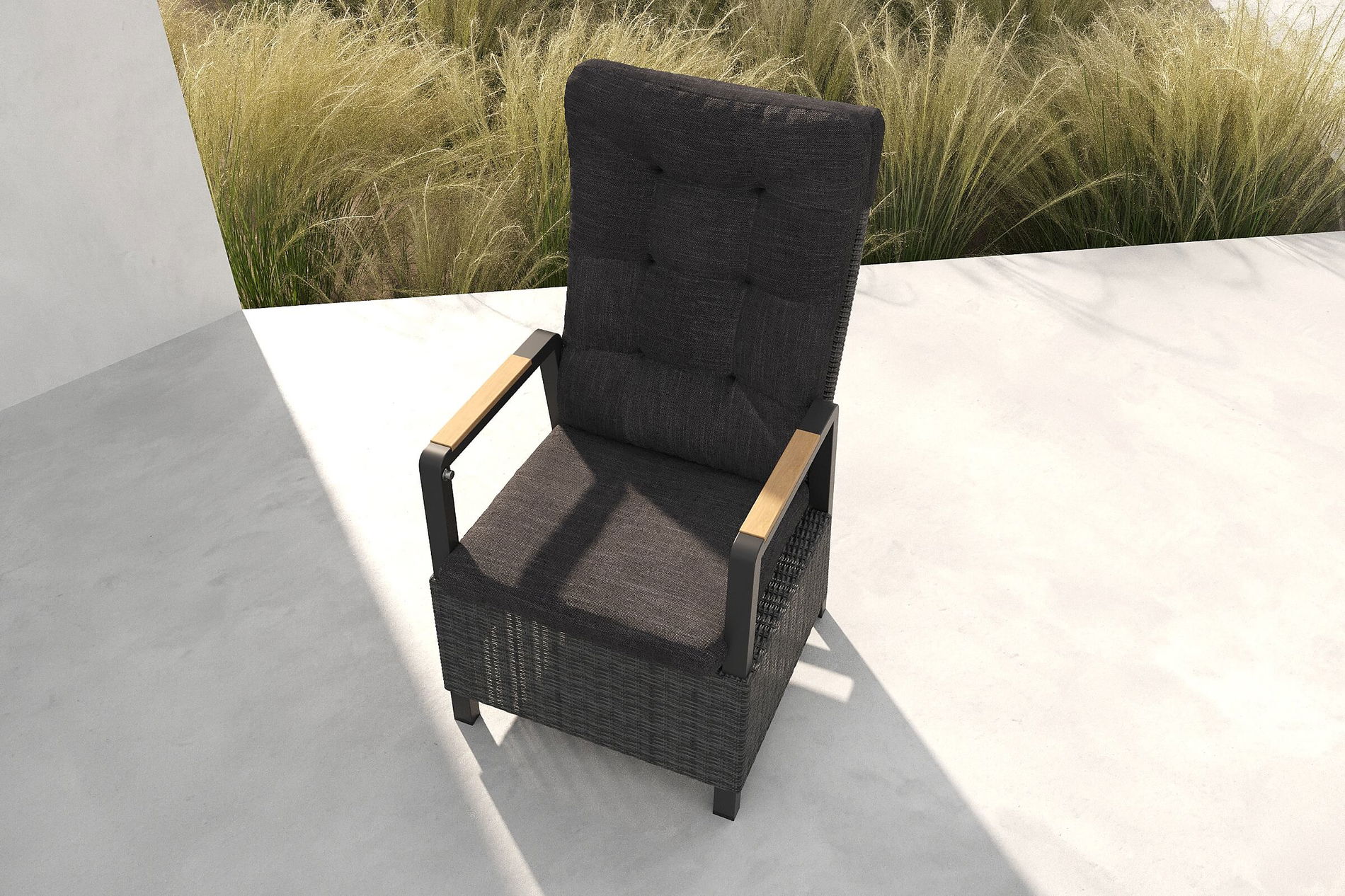 Krzesło do jadalni OUTFLEXX Nova, antracytowe/szare, Aluminium/Polirattan, 58 x 68 x 108 cm, regulowane oparcie, z podłokietnikami z drewna tekowego, produkt z certyfikatem FSC®