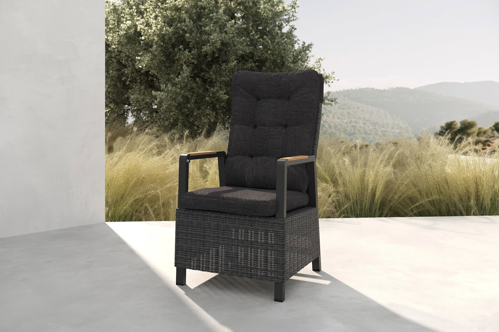Krzesło do jadalni OUTFLEXX Nova, antracytowe/szare, Aluminium/Polirattan, 58 x 68 x 108 cm, regulowane oparcie, z podłokietnikami z drewna tekowego, produkt z certyfikatem FSC® Krzesło do jadalni OUTFLEXX Nova, antracytowe/szare, Aluminium/Polirattan, 58 x 68 x 108 cm, regulowane oparcie, z podłokietnikami z drewna tekowego, produkt z certyfikatem FSC®