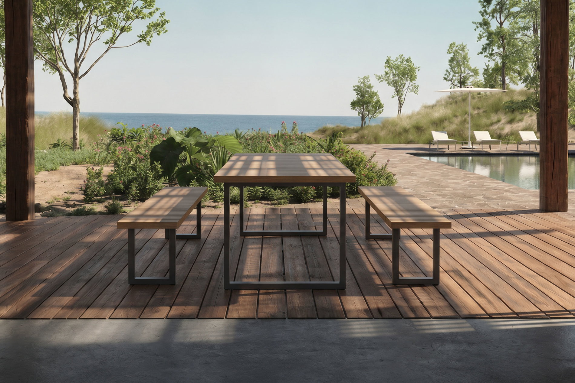 OUTFLEXX Oslo Garten-Essgruppe, 6 Personen, 2 Bänke, 210x90cm, Aluminium/Teak, FSC®-zertifiziert OUTFLEXX Oslo Garten-Essgruppe, 6 Personen, 2 Bänke, 210x90cm, Aluminium/Teak, FSC®-zertifiziert
