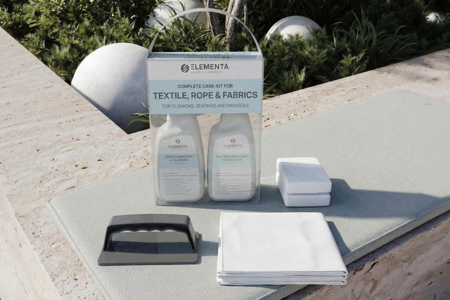 ELEMENTA Fabrics KITS 3-in-1 Box Pflegemittel für Textilien & Stoffe, 2x 750 ml, Cleaner & Protector ELEMENTA Fabrics KITS 3-in-1 Box Pflegemittel für Textilien & Stoffe, 2x 750 ml, Cleaner & Protector