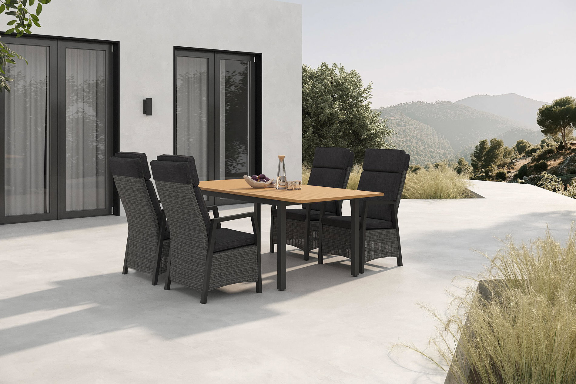 HARTMAN Nova Garten-Essgruppe mit 4 Sesseln, anthrazit/grau, Alu/Polyrattan/Teak, 150/210 x 90 cm, ausziehbarer Tisch, verstellbare Rückenlehne