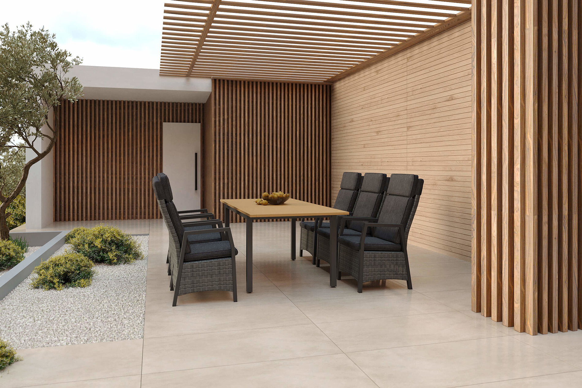 HARTMAN Nova Garten-Essgruppe mit 6 Sesseln, anthrazit/grau/natur, Alu/Polyrattan/Teak, Tisch 150/210 x 90 cm, verstellbare Rückenlehne
