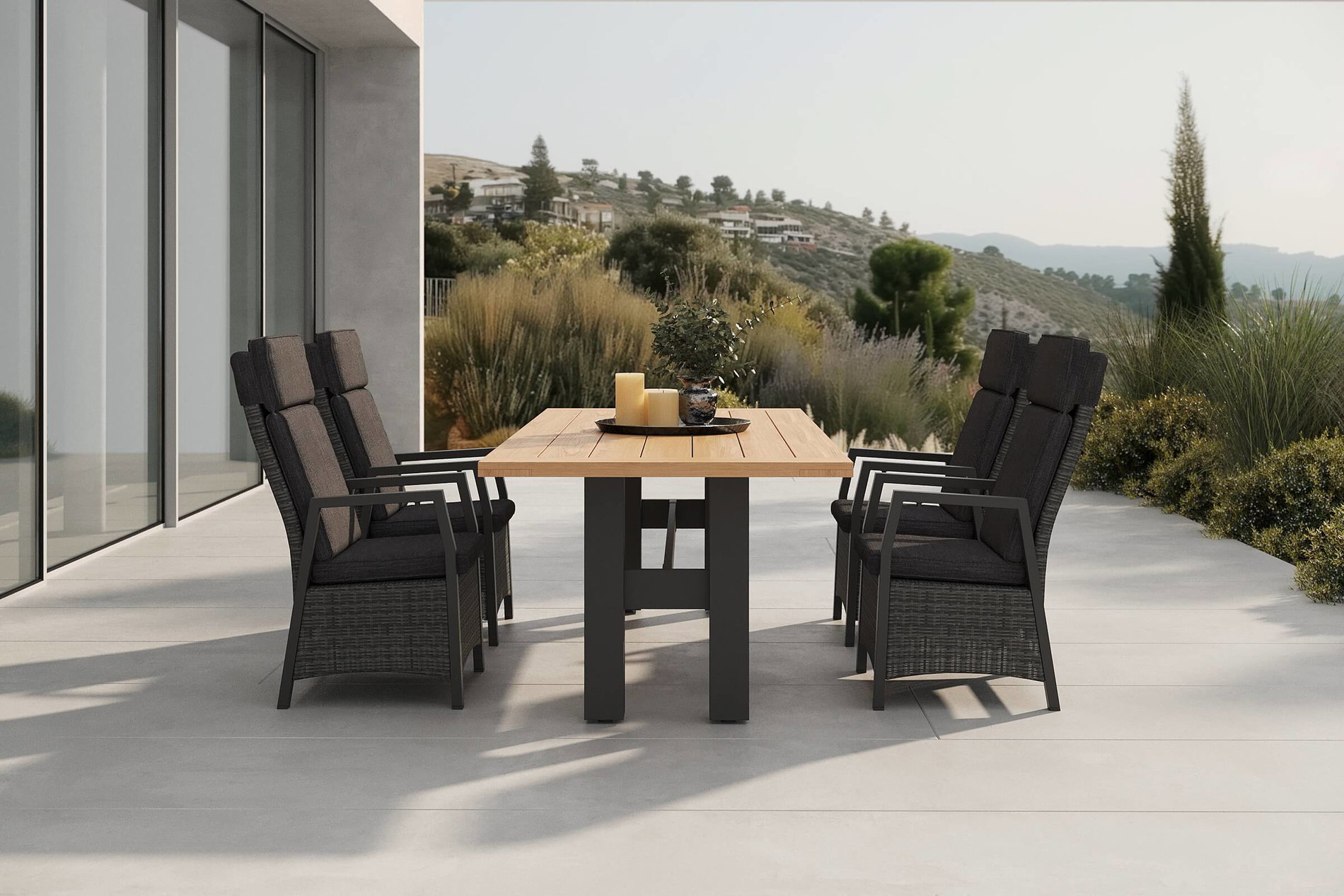 HARTMAN Nova Garten-Essgruppe mit 4 Sesseln, anthrazit/grau, Alu/Polyrattan/Teak, 240 x 100 cm Tisch, verstellbare Rückenlehne