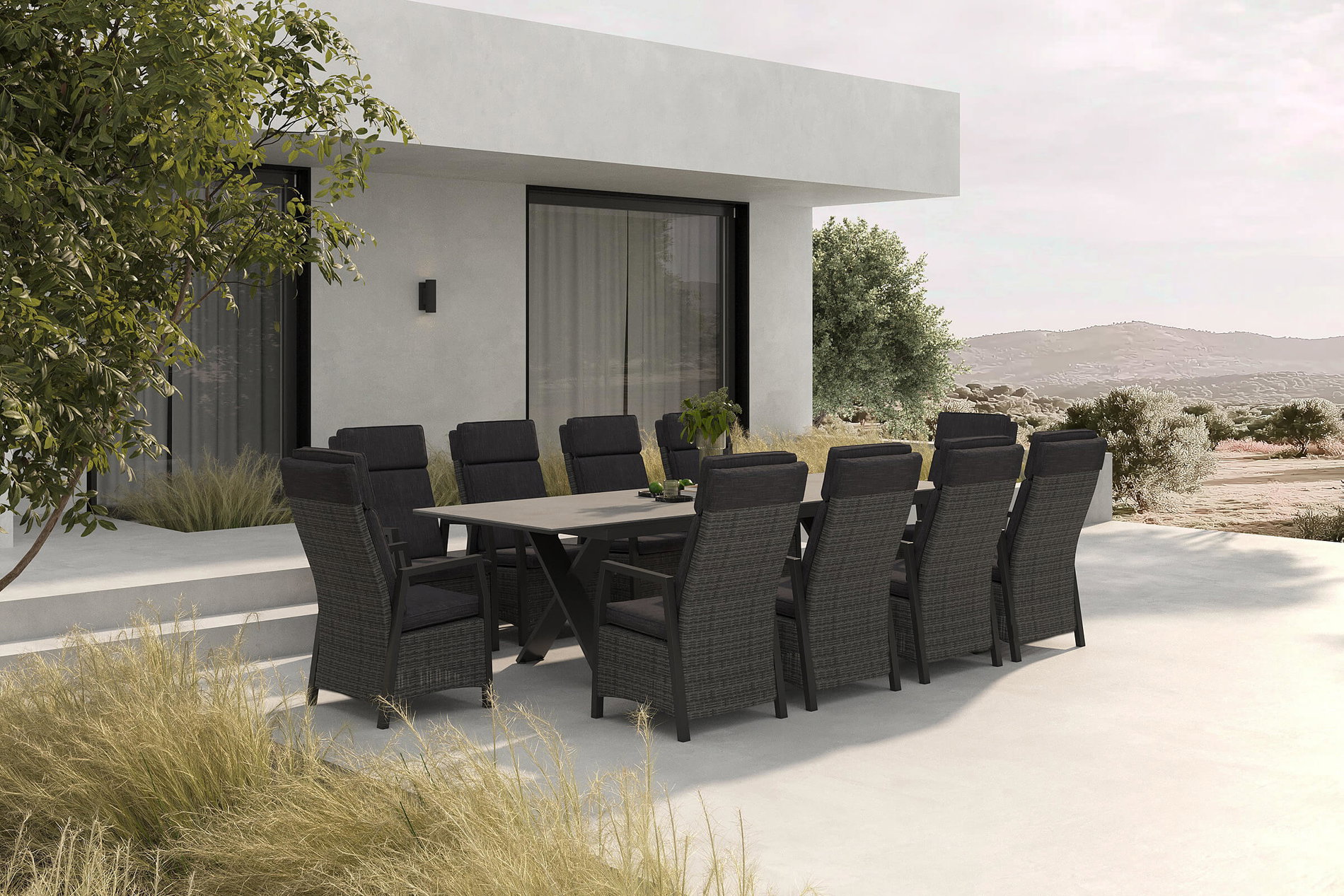 HARTMAN Nova Garten-Essgruppe mit 10 Sesseln, anthrazit/grau, Alu/Polyrattan/Glaskeramik, 220/280 x 100 cm, ausziehbar, verstellbare Rückenlehne HARTMAN Nova Garten-Essgruppe mit 10 Sesseln, anthrazit/grau, Alu/Polyrattan/Glaskeramik, 220/280 x 100 cm, ausziehbar, verstellbare Rückenlehne