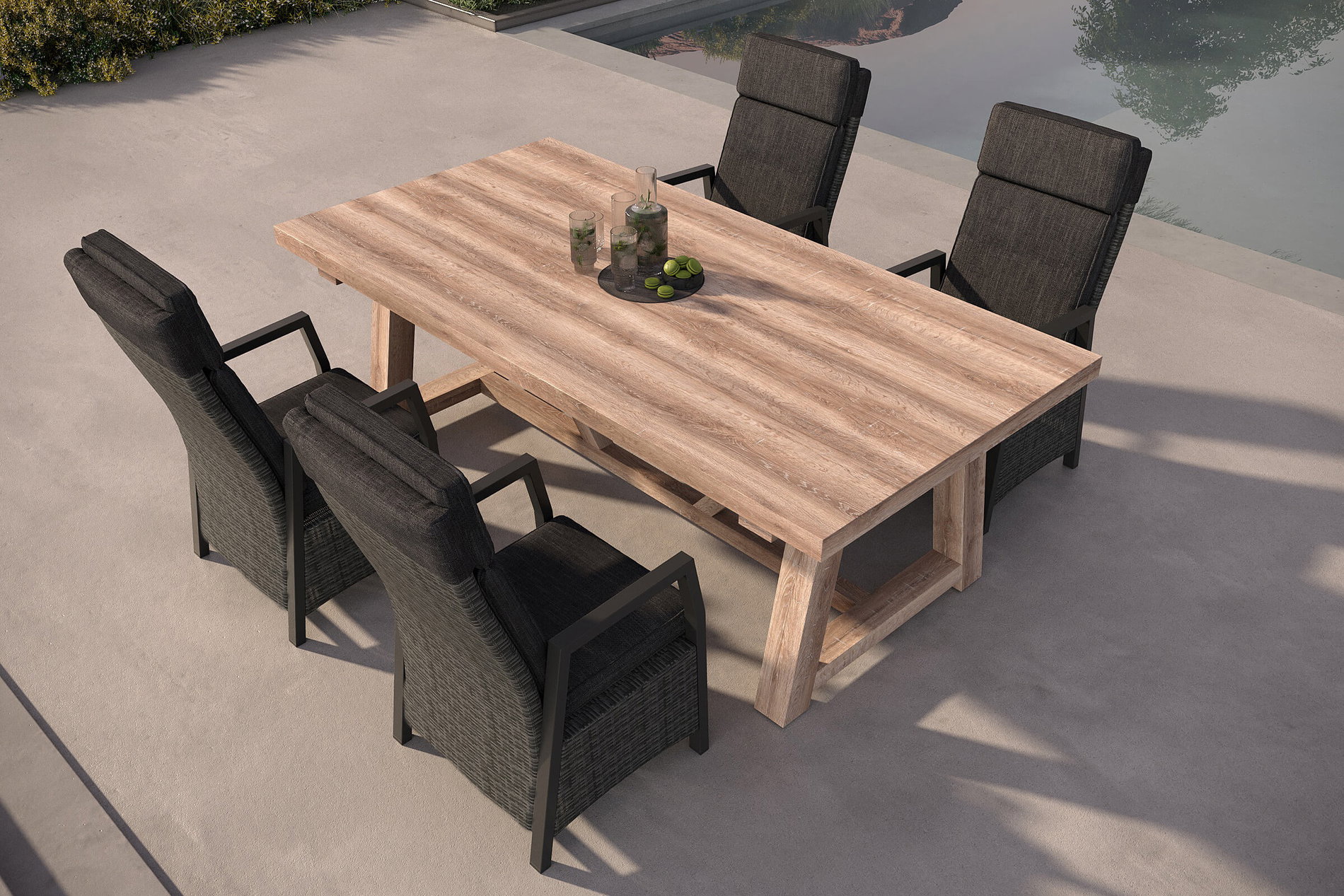 OUTFLEXX Nova Garten-Essgruppe mit 4 Sesseln, anthrazit/grau/natur, Alu/Polyrattan/Teakholz, 220 x 110 cm, verstellbare Rückenlehne OUTFLEXX Nova Garten-Essgruppe mit 4 Sesseln, anthrazit/grau/natur, Alu/Polyrattan/Teakholz, 220 x 110 cm, verstellbare Rückenlehne