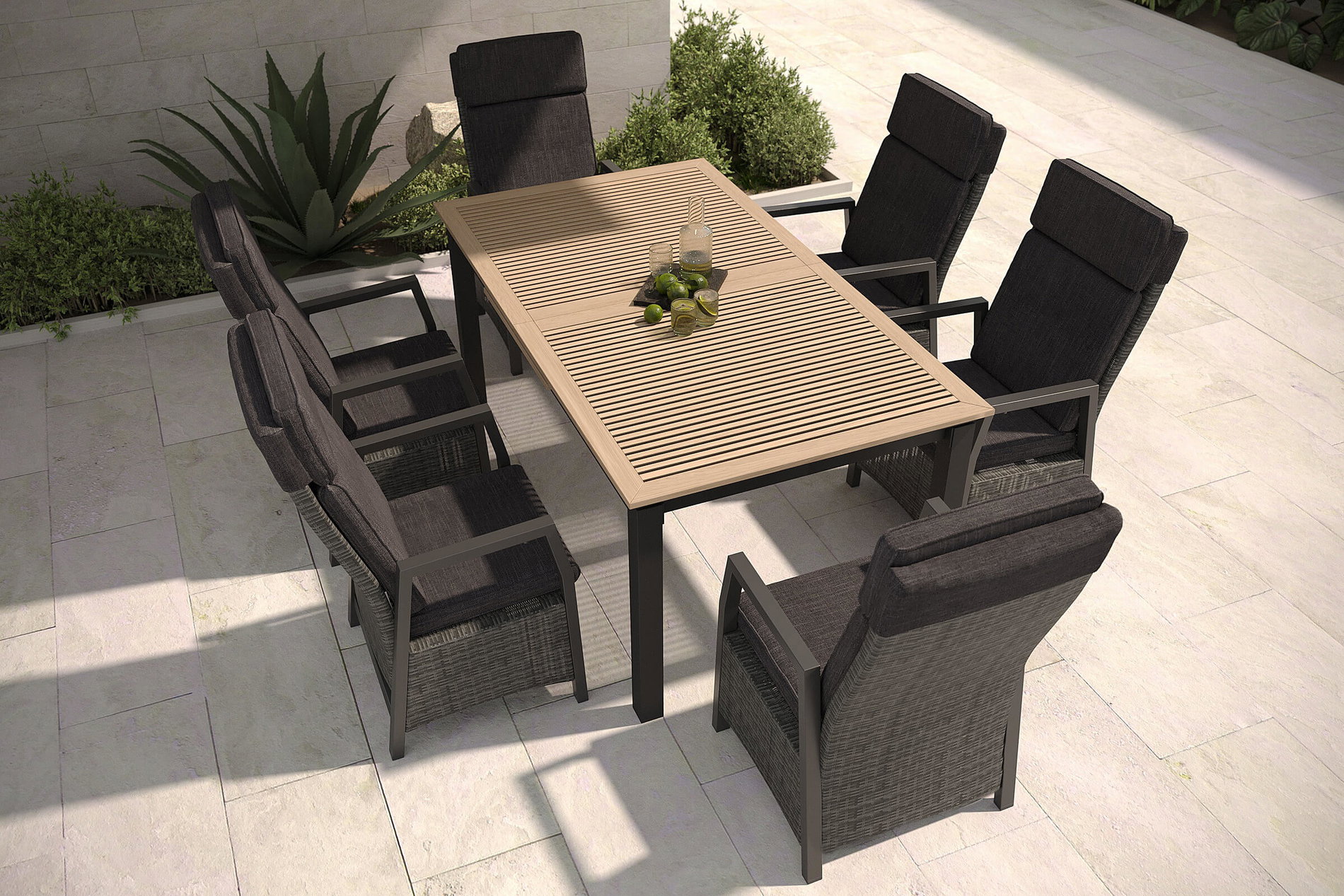 OUTFLEXX Nova Garten-Essgruppe, anthrazit/grau, Alu/Polyrattan/Teak, Tisch 180/240 x 100 cm, verstellbare Rückenlehne, inkl. 6 Sessel OUTFLEXX Nova Garten-Essgruppe, anthrazit/grau, Alu/Polyrattan/Teak, Tisch 180/240 x 100 cm, verstellbare Rückenlehne, inkl. 6 Sessel