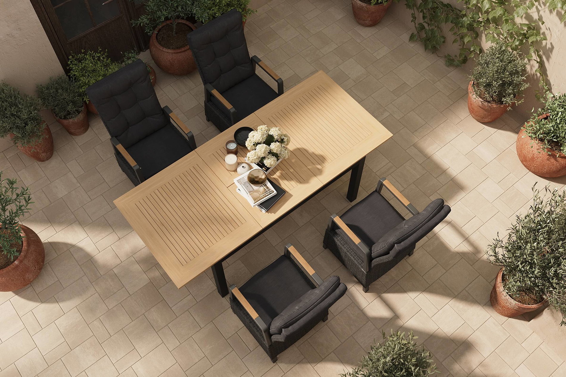 HARTMAN Nova Garten-Essgruppe mit 4 Sesseln, anthrazit/grau/natur, Alu/Polyrattan, Tisch 150/210 x 90 cm, verstellbare Rückenlehne mit Teak-Armlehnen, FSC®-zertifiziertes Produkt HARTMAN Nova Garten-Essgruppe mit 4 Sesseln, anthrazit/grau/natur, Alu/Polyrattan, Tisch 150/210 x 90 cm, verstellbare Rückenlehne mit Teak-Armlehnen, FSC®-zertifiziertes Produkt