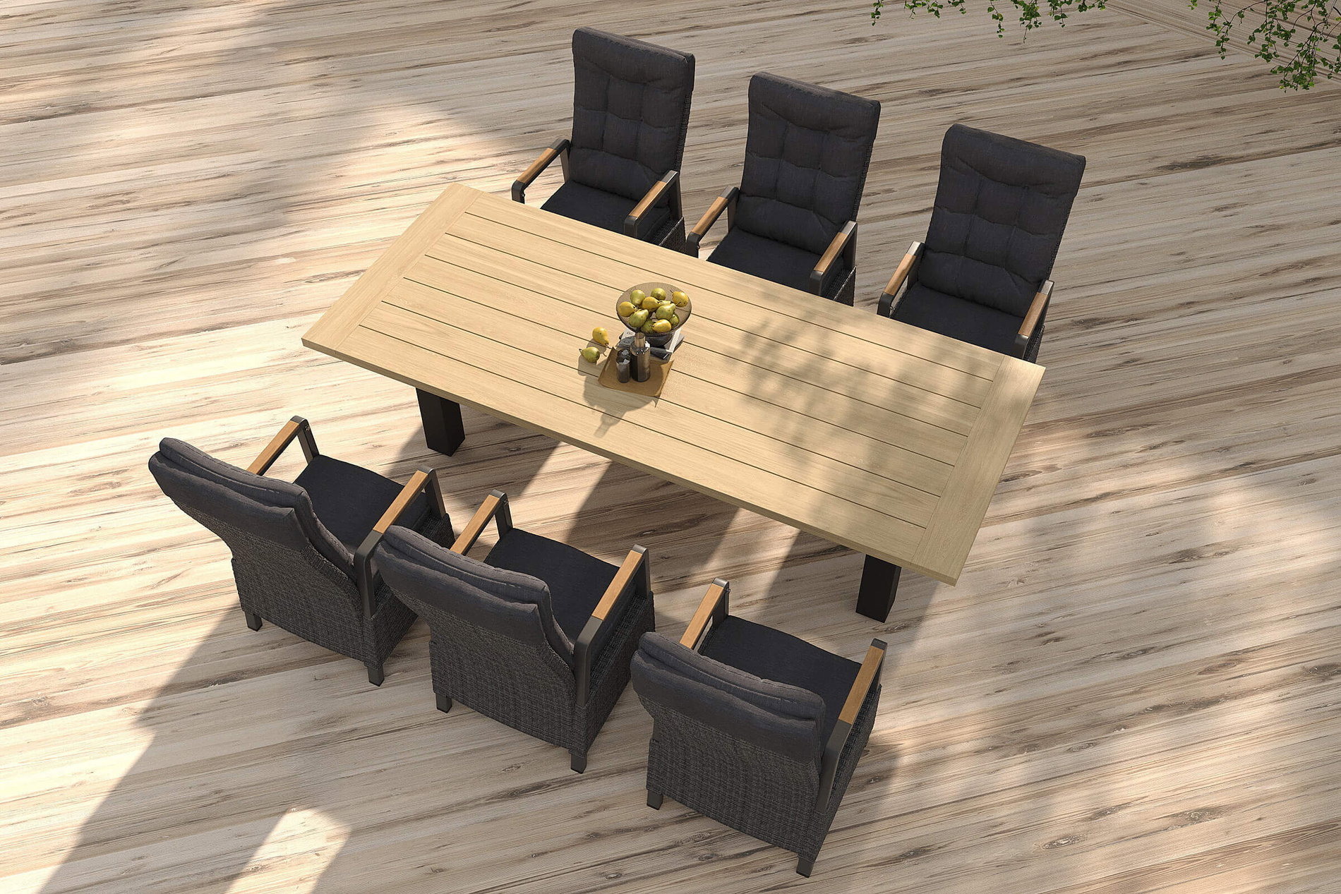 HARTMAN Nova Garten-Essgruppe mit 6 Sesseln, anthrazit/grau/natur, Alu/Polyrattan, 240 x 100 cm, verstellbare Rückenlehne mit Teak-Armlehnen, FSC®-zertifiziertes Produkt