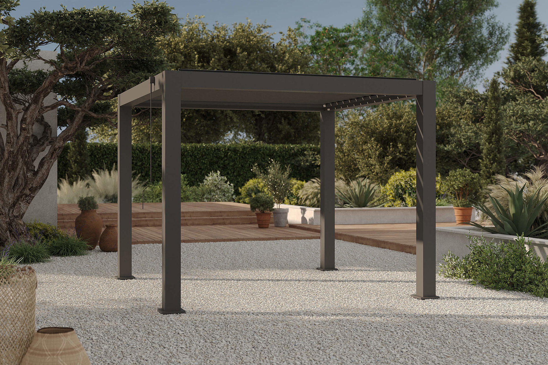 Pergola lamelowa OUTFLEXX Antalya, czarna, aluminium malowane proszkowo, 3 x 3 m, odporna na warunki atmosferyczne, regulowany dach lamelowy