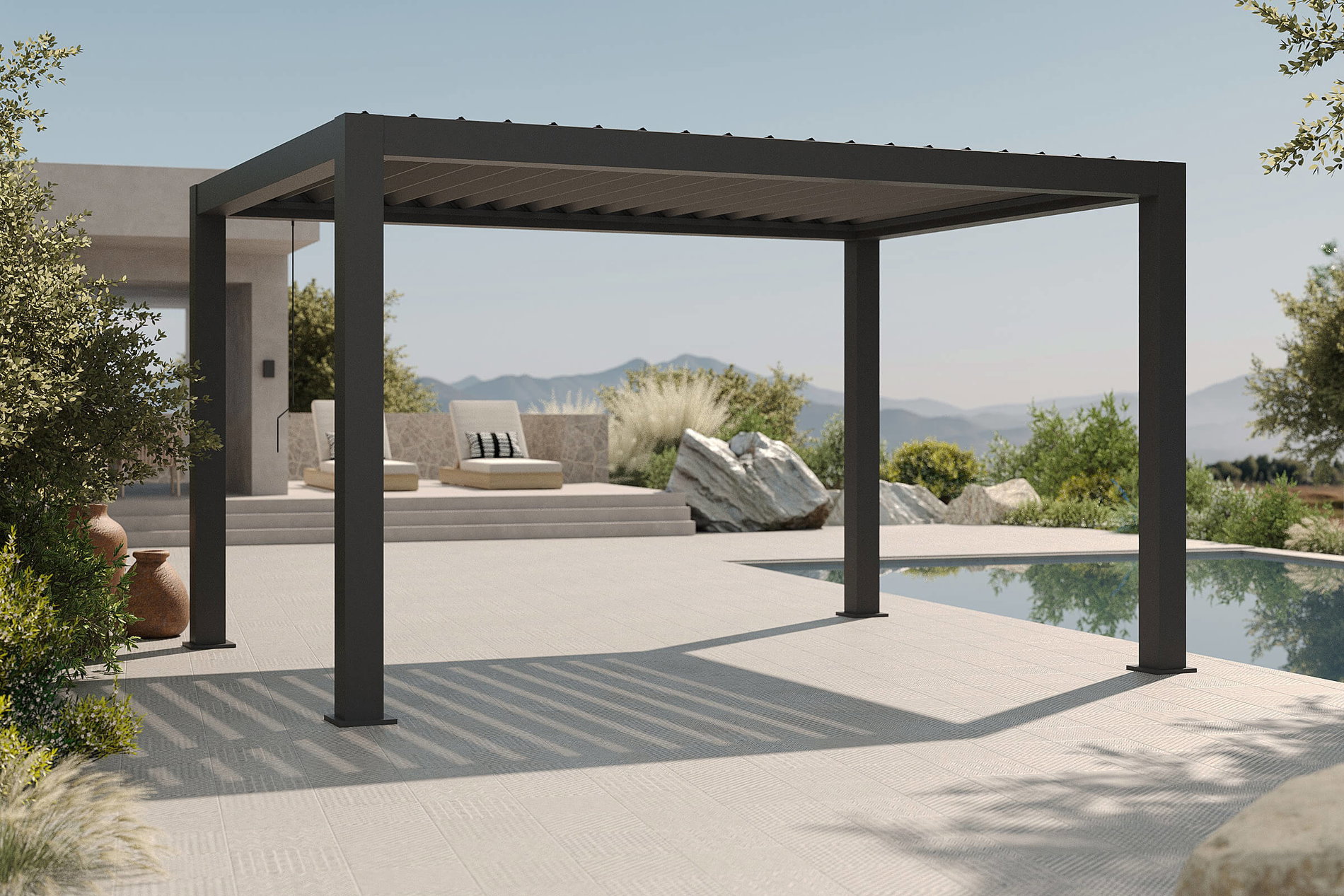 Pergola lamelowa OUTFLEXX Antalya, czarna, aluminium malowane proszkowo, 3 x 4 m, odporna na warunki atmosferyczne, regulowany dach lamelowy