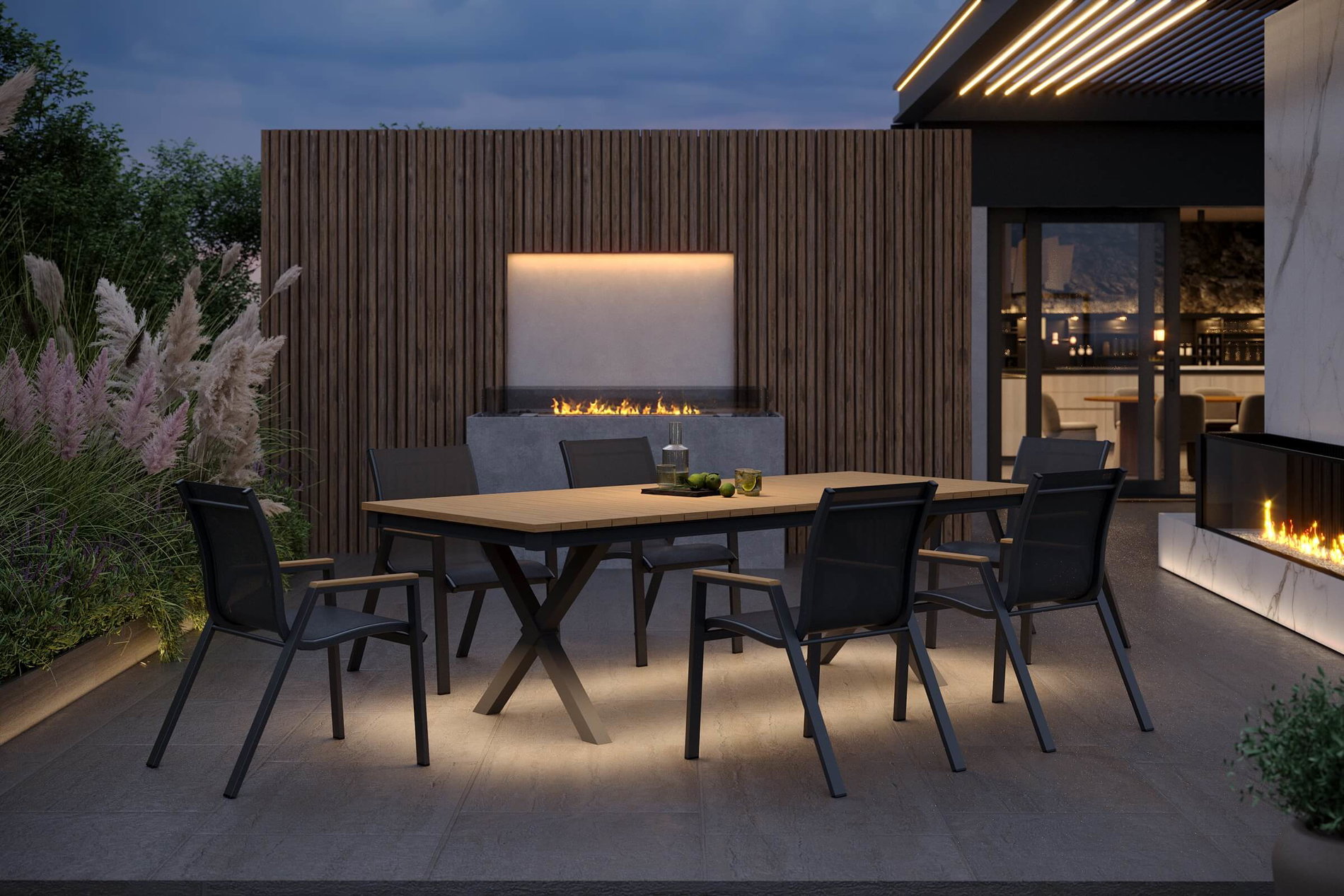 OUTFLEXX Luminara Garten-Essgruppe mit LED-Beleuchtung, anthrazit matt/natur, Aluminium/Holzimitat/Textilene, Tisch 240 x 100 cm, 6 stapelbare Sessel