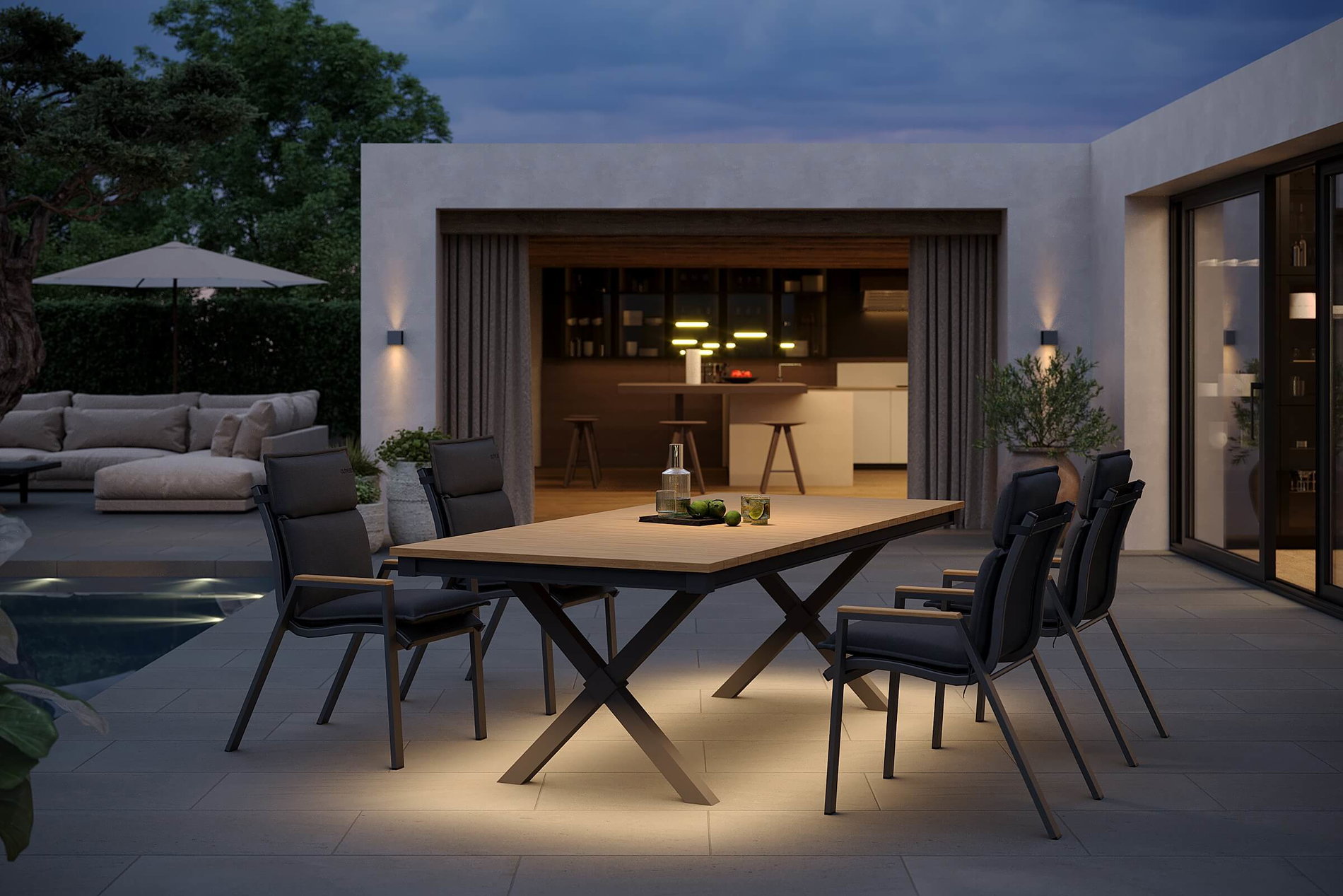 OUTFLEXX Luminara Garten-Essgruppe, anthrazit matt/natur, Alu/Holzimitat, 240 x 100 cm, 4 Stapelsessel, inkl. Auflagen, mit LED-Beleuchtung