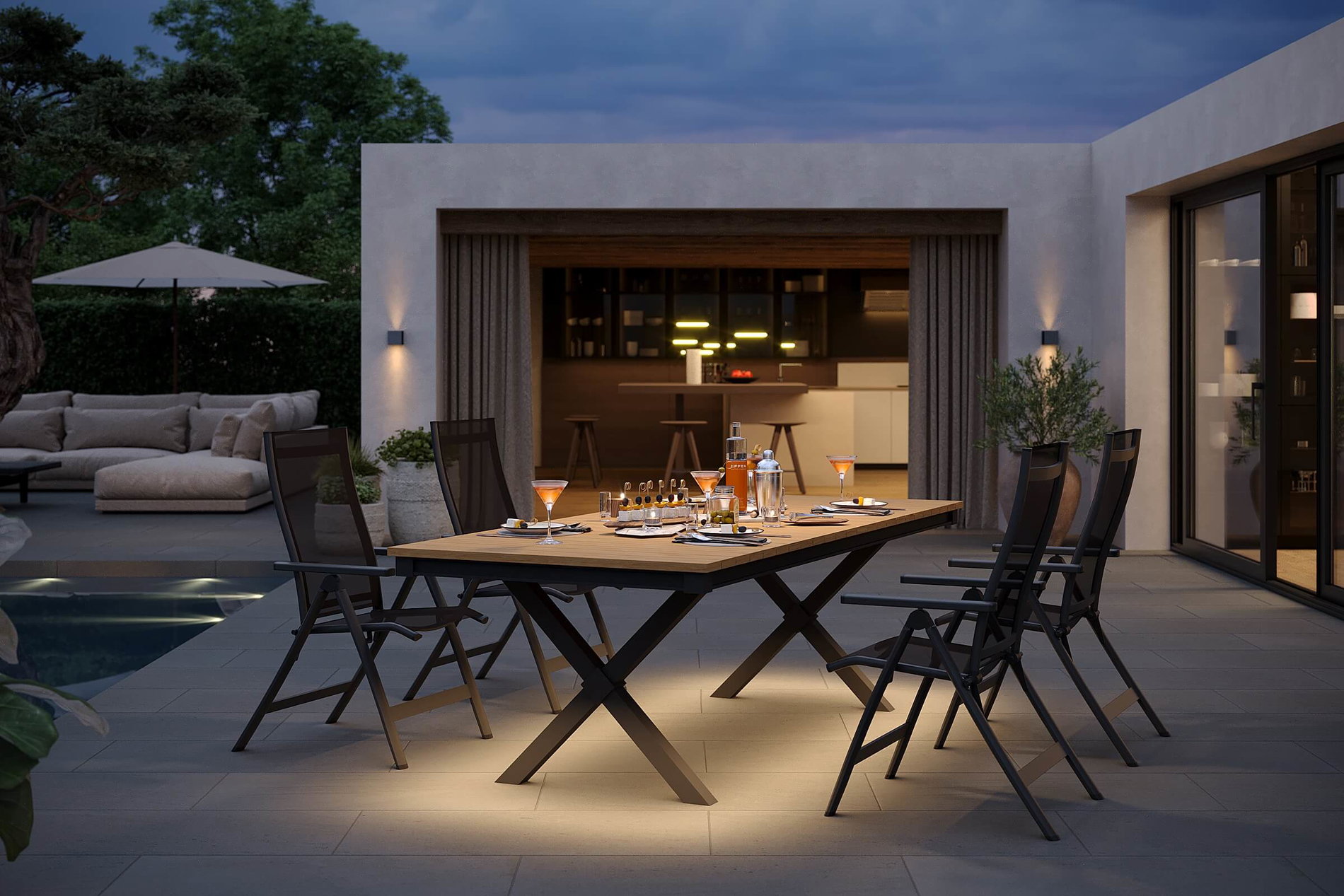OUTFLEXX Luminara Garten-Essgruppe, anthrazit matt/natur, Alu / Holzimitat / Textilen, 240 x 100 cm, 4 Klappstühle, LED-Beleuchtung