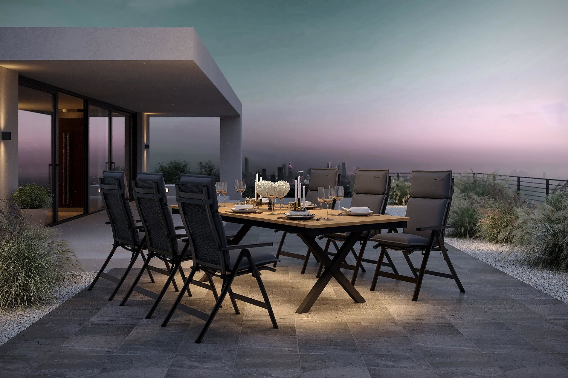OUTFLEXX Luminara Garten-Essgruppe, anthrazit matt/natur, Alu / Textilen / Holzimitat, 240 x 100 cm, LED-Beleuchtung, 6 Klappstühle, Auflagen inklusive