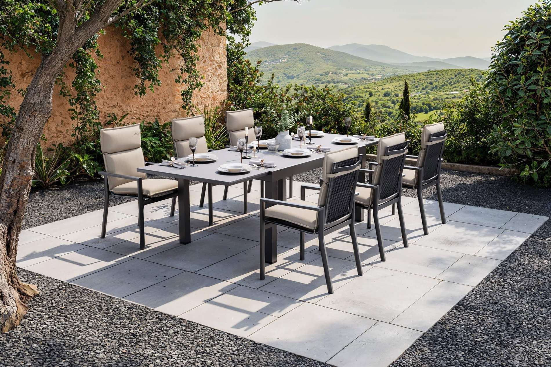 OUTFLEXX Premium Ogrodowy zestaw jadalniany, antracytowy matowy/czarny/naturalny, Alu/Spraystone, stół 160/260 x 100 cm, 6 foteli sztaplowanych z 6 poduszkami
