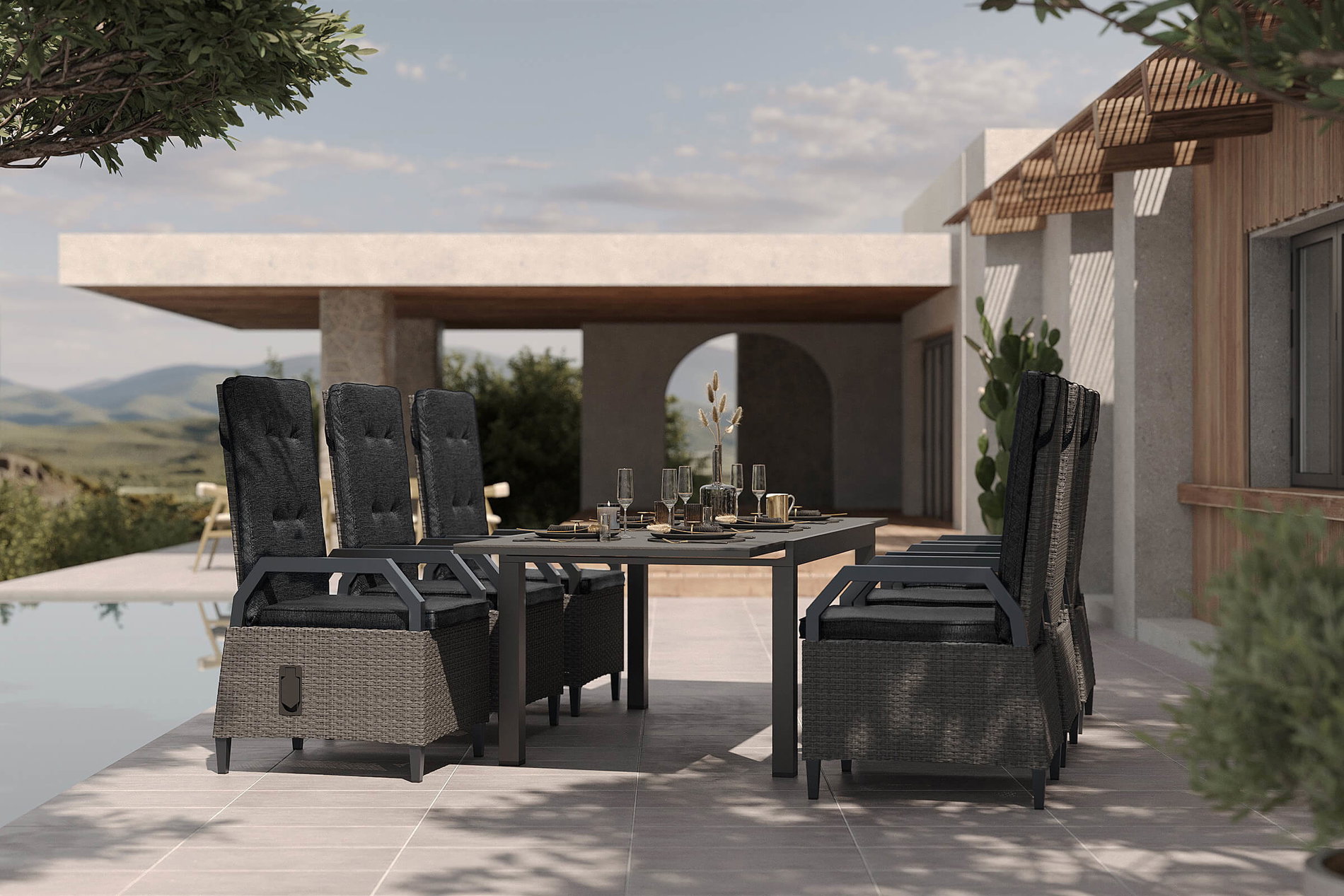 OUTFLEXX Premium Garten-Essgruppe, anthrazit matt/grau, Aluminium Polyrattan, Tisch 160/260 x 100 cm, 6 Dining-Sessel