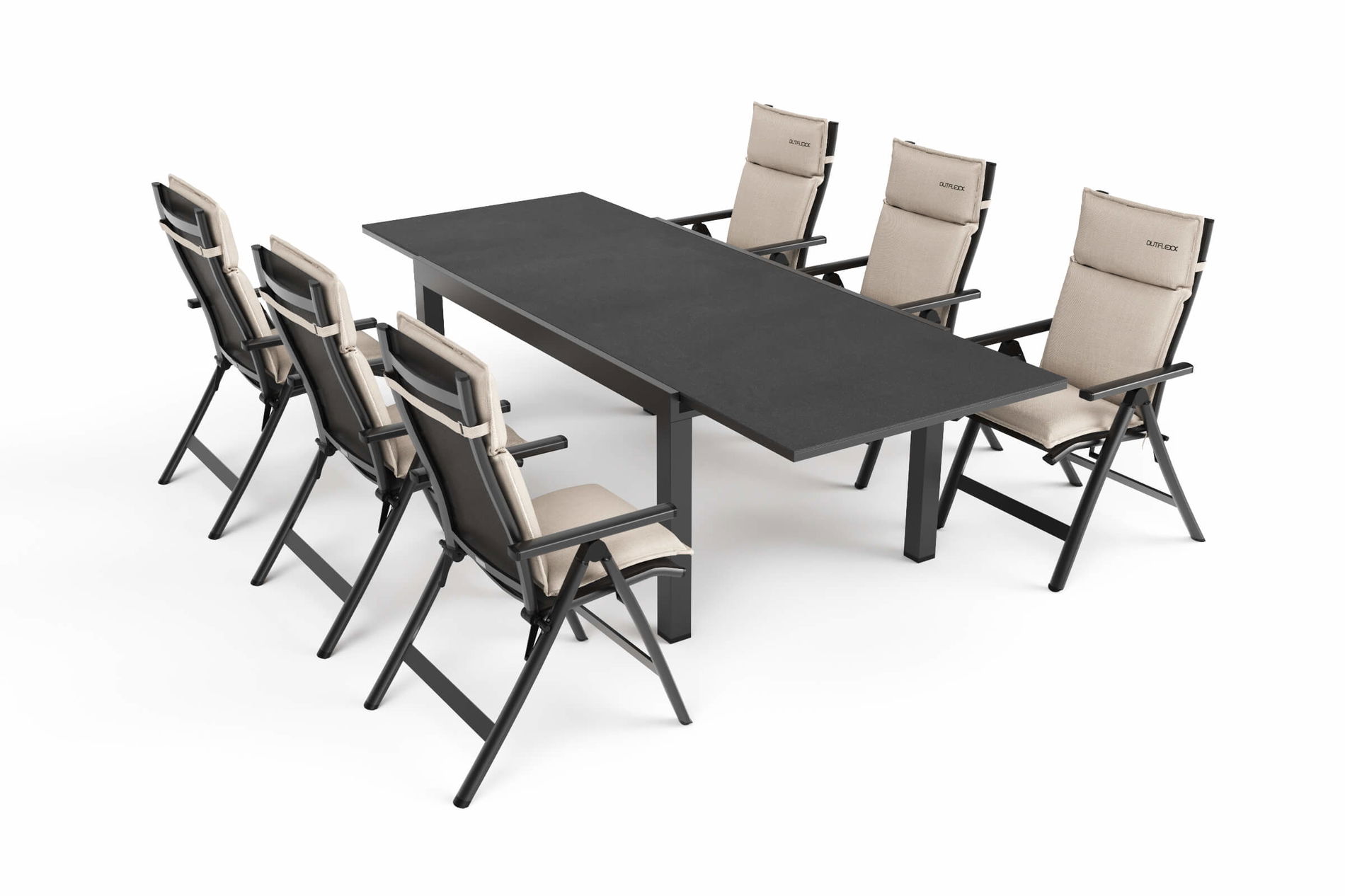 Ogrodowy zestaw jadalny OUTFLEXX Premium, antracytowy matowy/czarny/naturalny, Alu/Spraystone/Textilene, 160/260 x 100 cm, 6 składanych krzeseł z 6 poduszkami