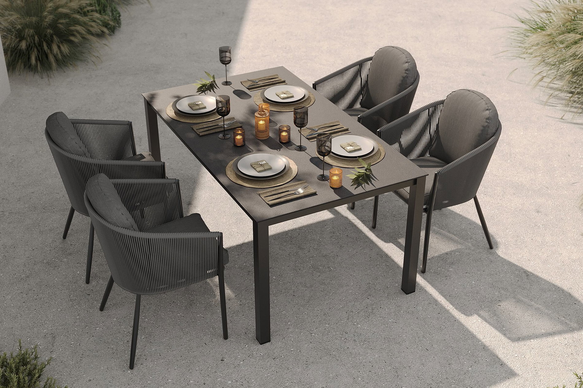 OUTFLEXX Tavio Ogrodowy zestaw jadalniany, antracytowy matowy/ciemnoszary, Aluminium/Splot Rope/Spraystone, 160 x 95 cm, 4 fotele dining