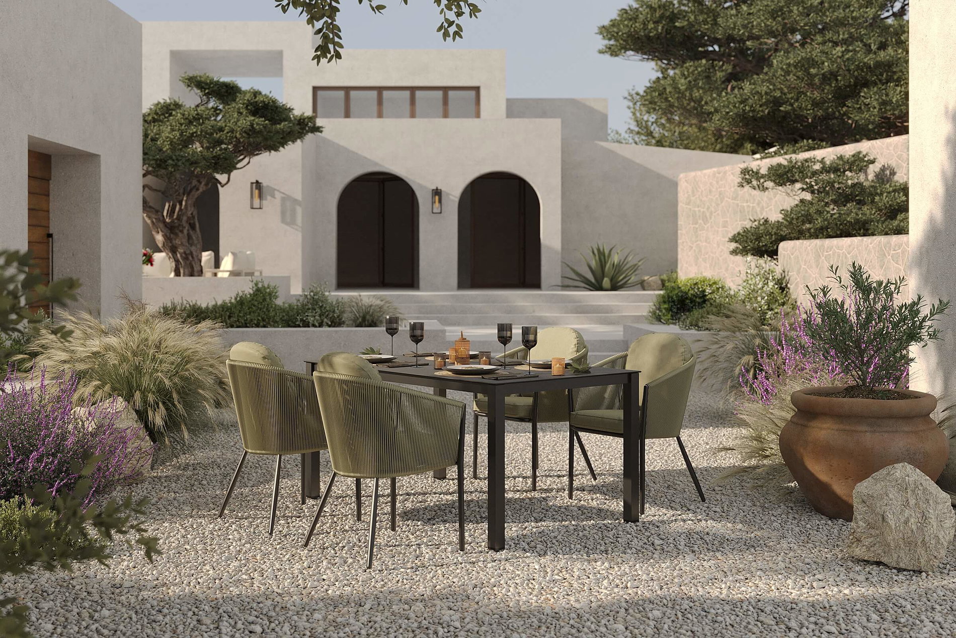 OUTFLEXX Tavio Garten-Essgruppe, anthrazit matt/grün, Alu/Rope-Geflecht/Spraystone, 160 x 95 x cm, 4 Diningsessel