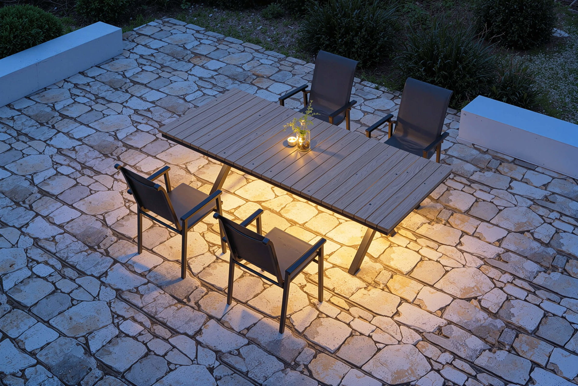 KETTLER Model ekskluzywny BasicPlus 2026, Ogrodowy zestaw jadalniany z oświetleniem LED, antracyt/naturalny, Alu/Imitacja drewna, 240 x 100 cm, 4 krzesła sztaplowane