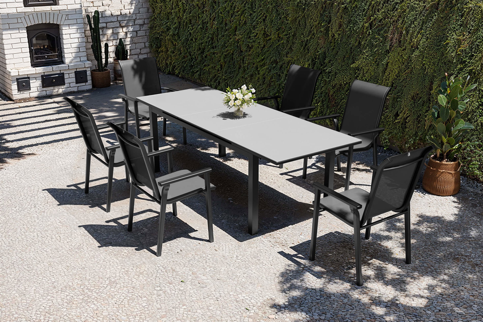 KETTLER Model ekskluzywny BasicPlus 2026 Ogrodowy zestaw jadalniany, antracyt, Alu/Textilene, stół 180/240 x 90 cm, 6 krzeseł sztaplowanych
