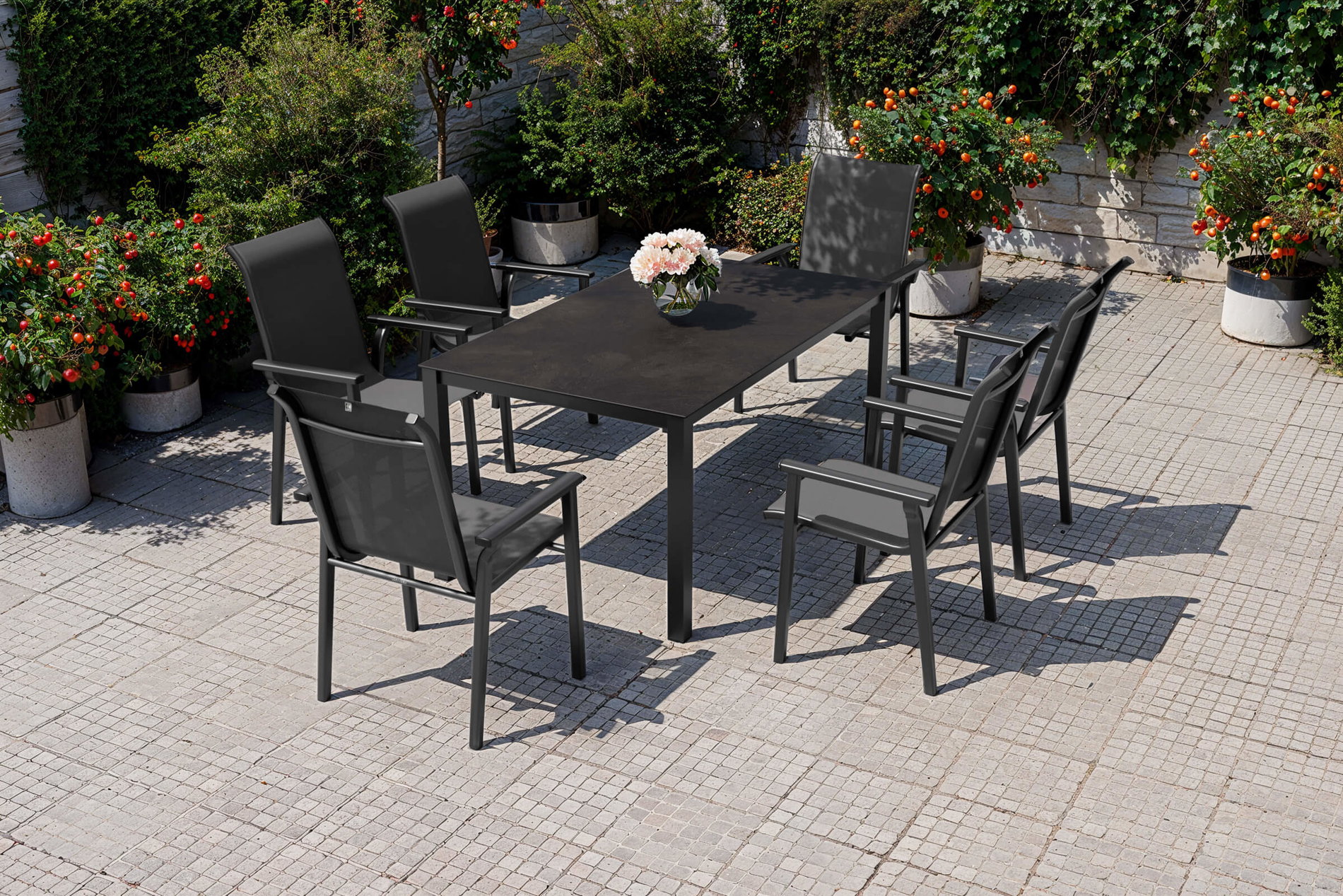 KETTLER Model ekskluzywny BasicPlus 2026 Ogrodowy zestaw jadalniany, antracytowy, Aluminium/Textilene/Szkło, Stół 160 x 95 cm, 6 Krzeseł sztaplowalnych