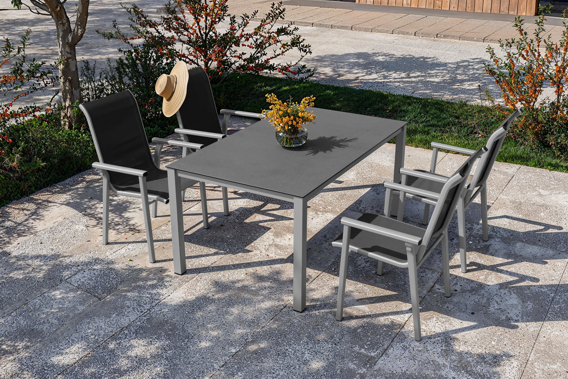 KETTLER Exklusivmodell BasicPlus 2026 Ogrodowy zestaw jadalniany, srebrny/antracytowy, Alu/Textilene, Stół jadalniany 160 x 95 cm, 4 krzesła składane