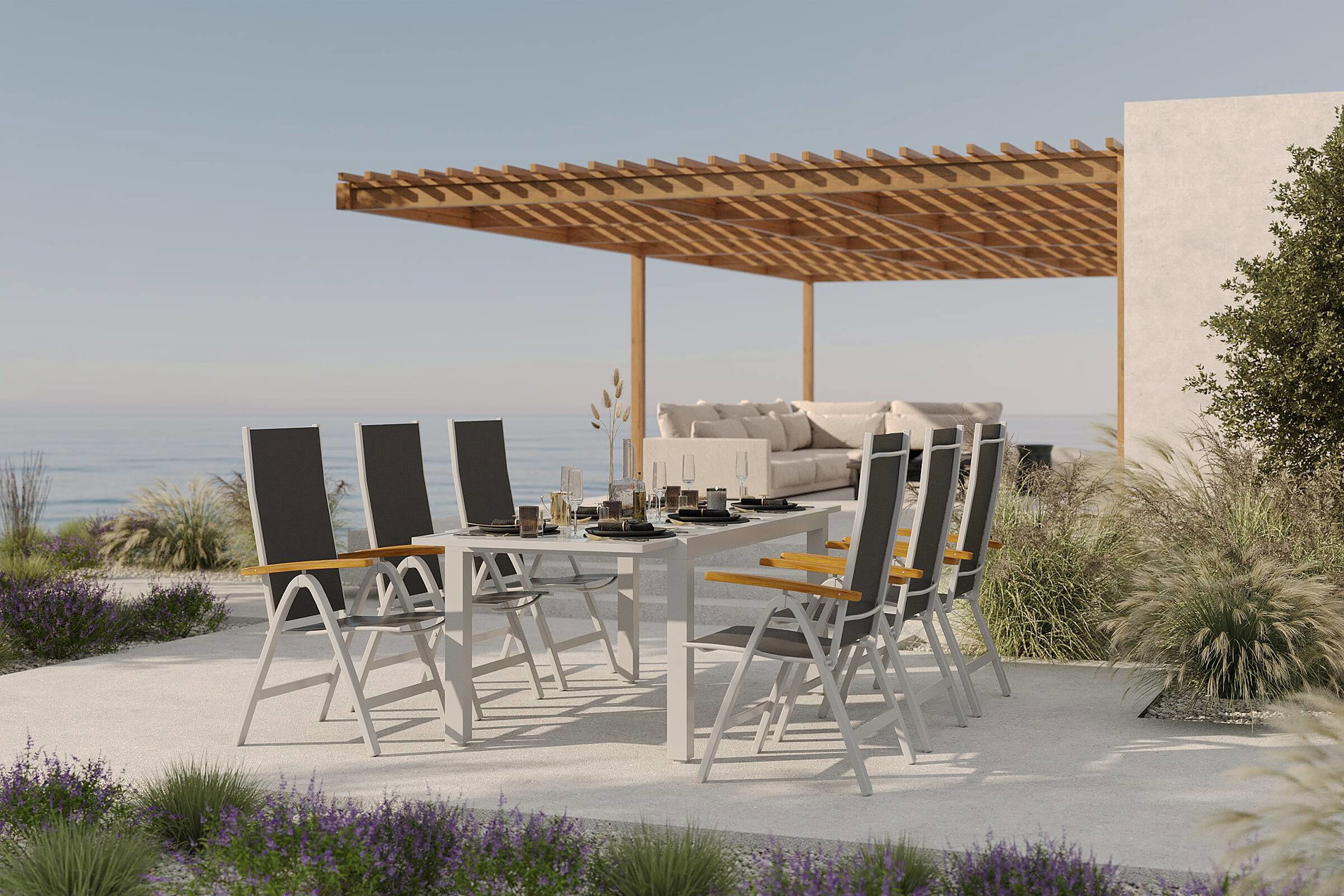 VILLANA Sylvania Garten-Essgruppe mit 6 Klappstühlen, silber/anthrazit, Aluminium/Glas, inkl. Eukalyptus-Armlehnen, ausziehbarer Tisch 160/220 x 90 cm, FSC®-zertifiziertes Produkt