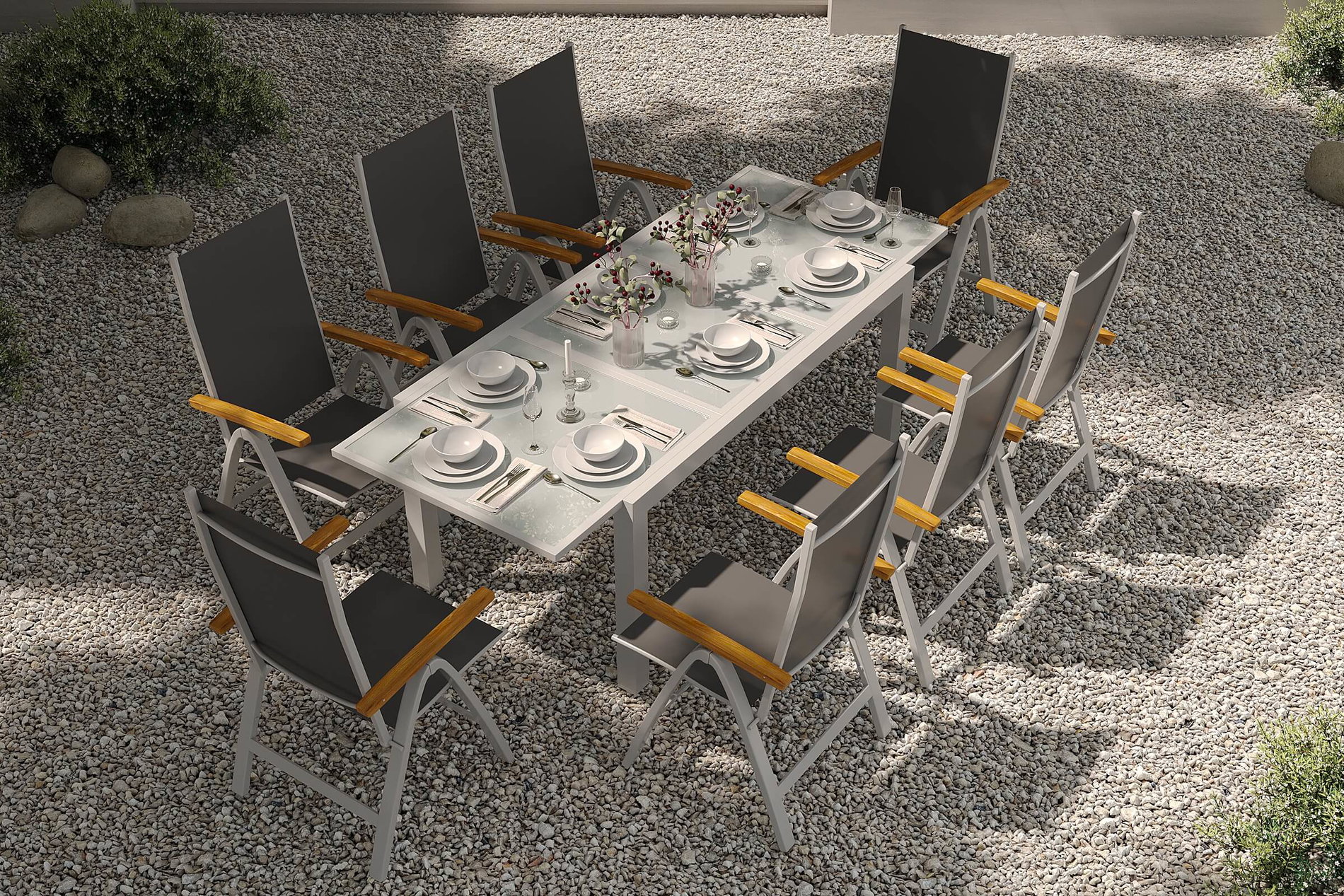 VILLANA Garten-Essgruppe, silber/anthrazit, Alu/ Eukalyptus, Ausziehtisch 160/220 x 90 cm, inkl 8 Klappstühle, FSC®-zertifiziertes Produkt