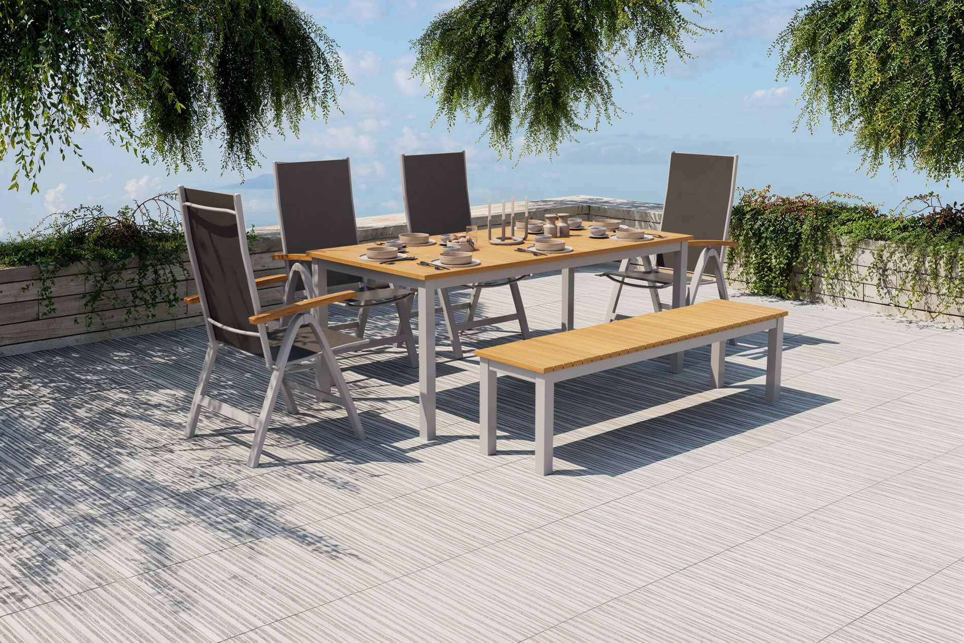 Ogrodowy zestaw jadalny Villana Tasmania z ławką i 4 składanymi krzesłami, srebrny/naturalny, aluminium/eukaliptus, stół 180 x 90 cm, produkt certyfikowany FSC® Ogrodowy zestaw jadalny Villana Tasmania z ławką i 4 składanymi krzesłami, srebrny/naturalny, aluminium/eukaliptus, stół 180 x 90 cm, produkt certyfikowany FSC®