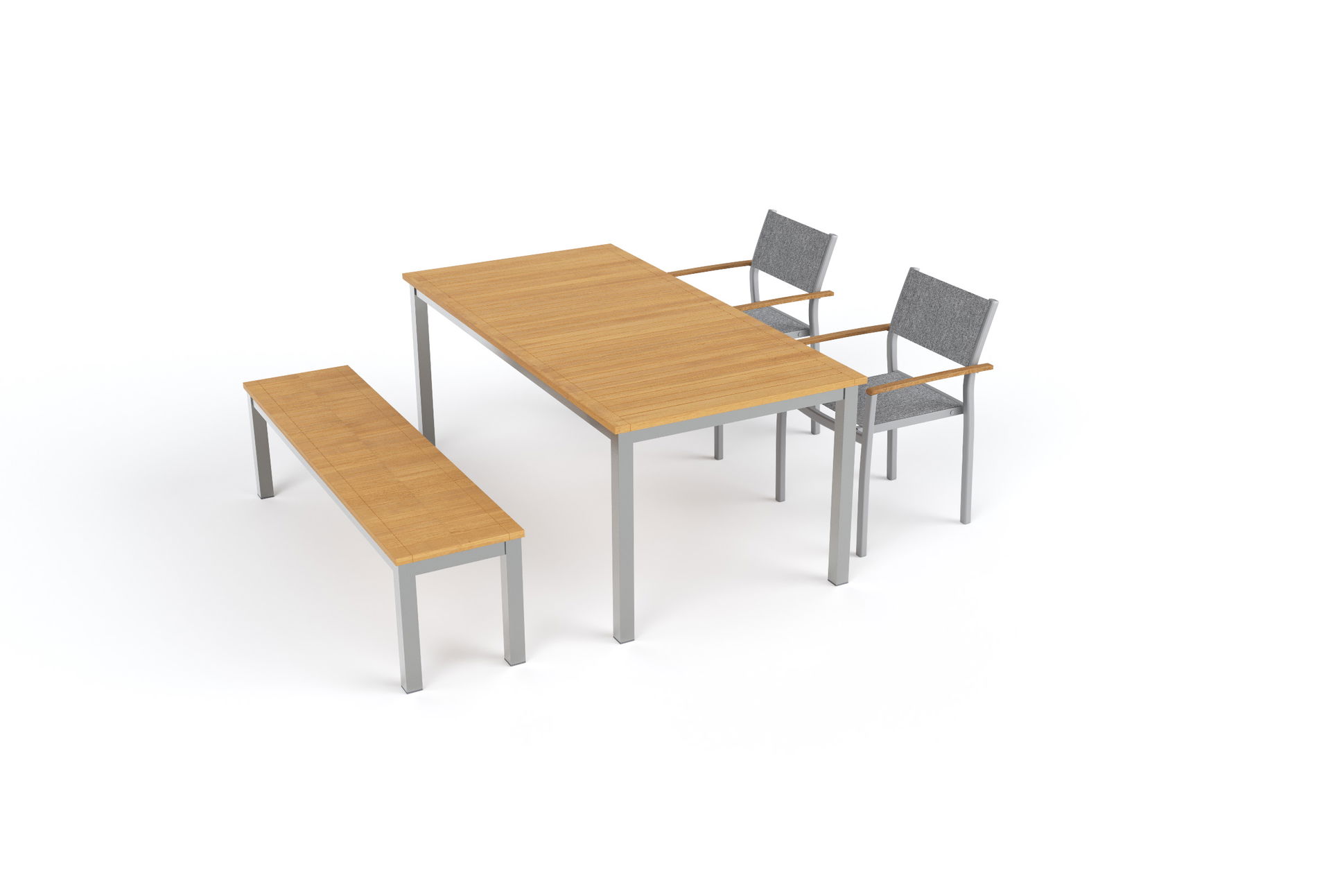 Ogrodowy zestaw jadalniany VILLANA Tasmania z ławką i 2 krzesłami składanymi, srebrny/naturalny, alu/tekstylen, stół 180 x 90 cm, podłokietniki z eukaliptusa, produkt certyfikowany FSC®