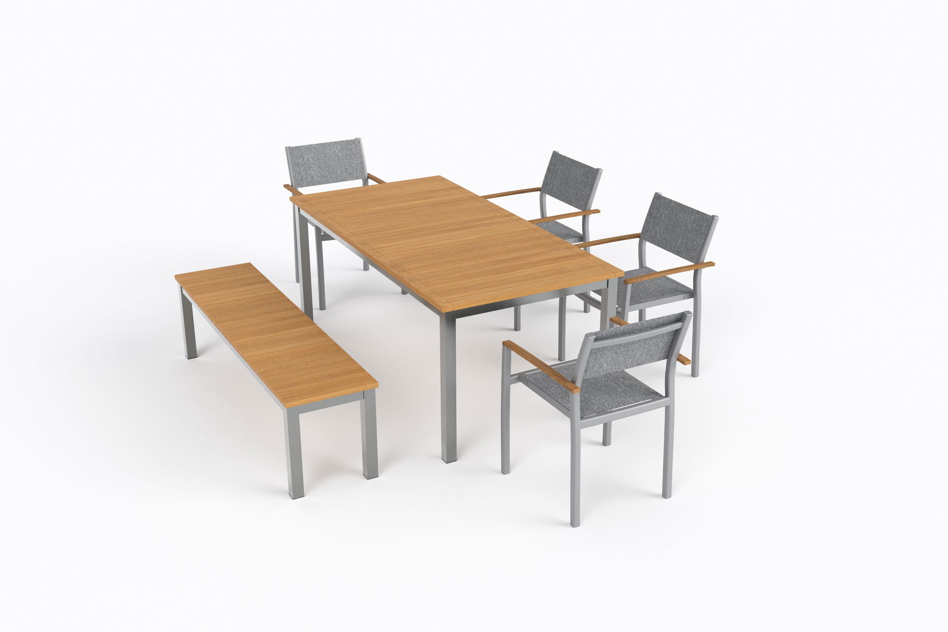 VILLANA Tasmania ogrodowy zestaw jadalny z ławką i 4 fotelami sztaplowanymi, srebrny/naturalny, Alu/Textilene, stół 180 x 90 cm, podłokietniki eukaliptusowe, produkt certyfikowany FSC®