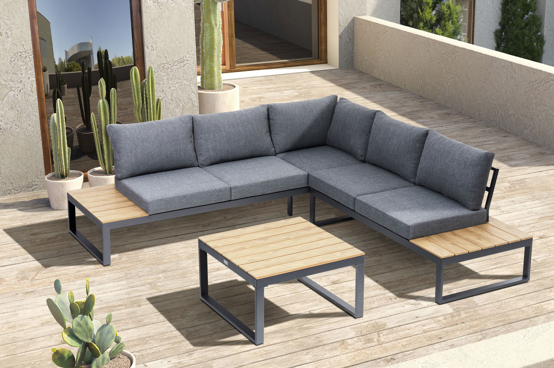 OUTFLEXX Lounge narożny, antracyt mat, Alu/imitacja drewna, 5 osób, półka boczna 24110__1