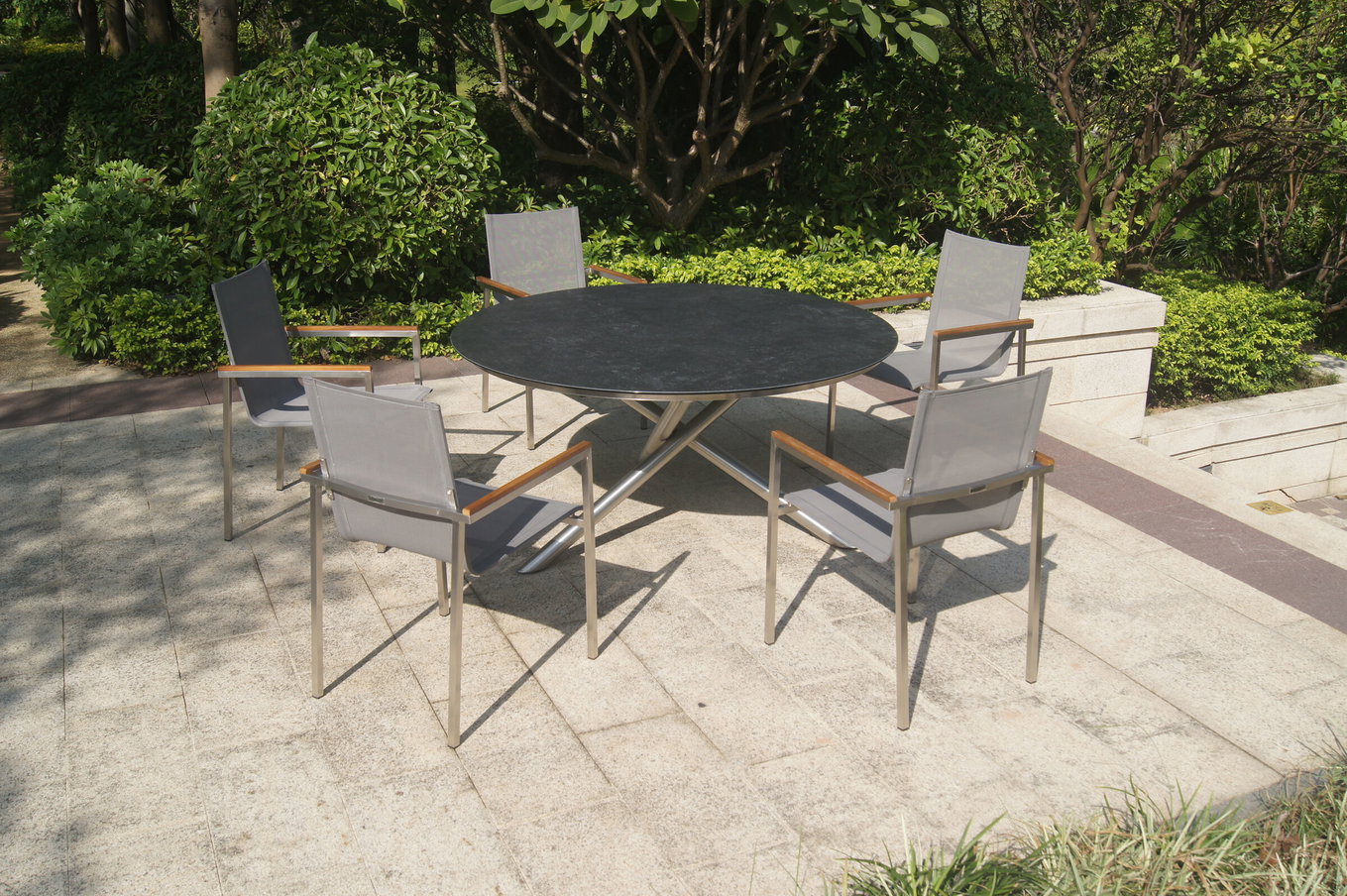 OUTFLEXX Grupa jadalna ogrodowa, srebrny/szary, stal nierdzewna/ceramika szklana/Textilene/Teak, stół Ø150cm, 5 krzeseł 24045__1