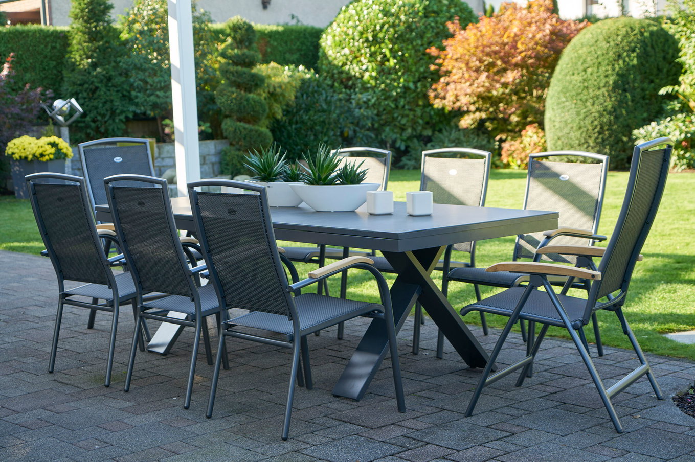 HARTMAN Model specjalny Xanadu / Raffaelo Ogrodowa grupa jadalniania, xerix/antracyt, Alu/Szklano-ceramika, 6 foteli sztaplowanych, 2 krzesła składane, 220/280x100cm 21100__1