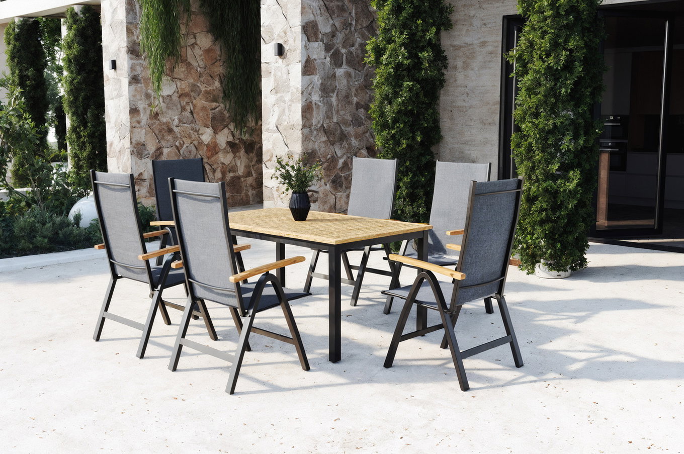 VILLANA Ogrodowy zestaw jadalniany, czarny/szary, aluminium/eukaliptus, stół 150/200 x 90 cm, 6 krzeseł składanych, rozkładany, produkt z certyfikatem FSC® 80361__1