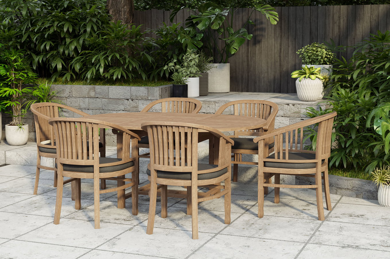 OUTFLEXX Dallas/Batavia Ogrodowa Grupa Jadalna, naturalny, Teak, 120/170x120 cm, 6x Fotel z Podłokietnikami, z Poduszką 24351__1