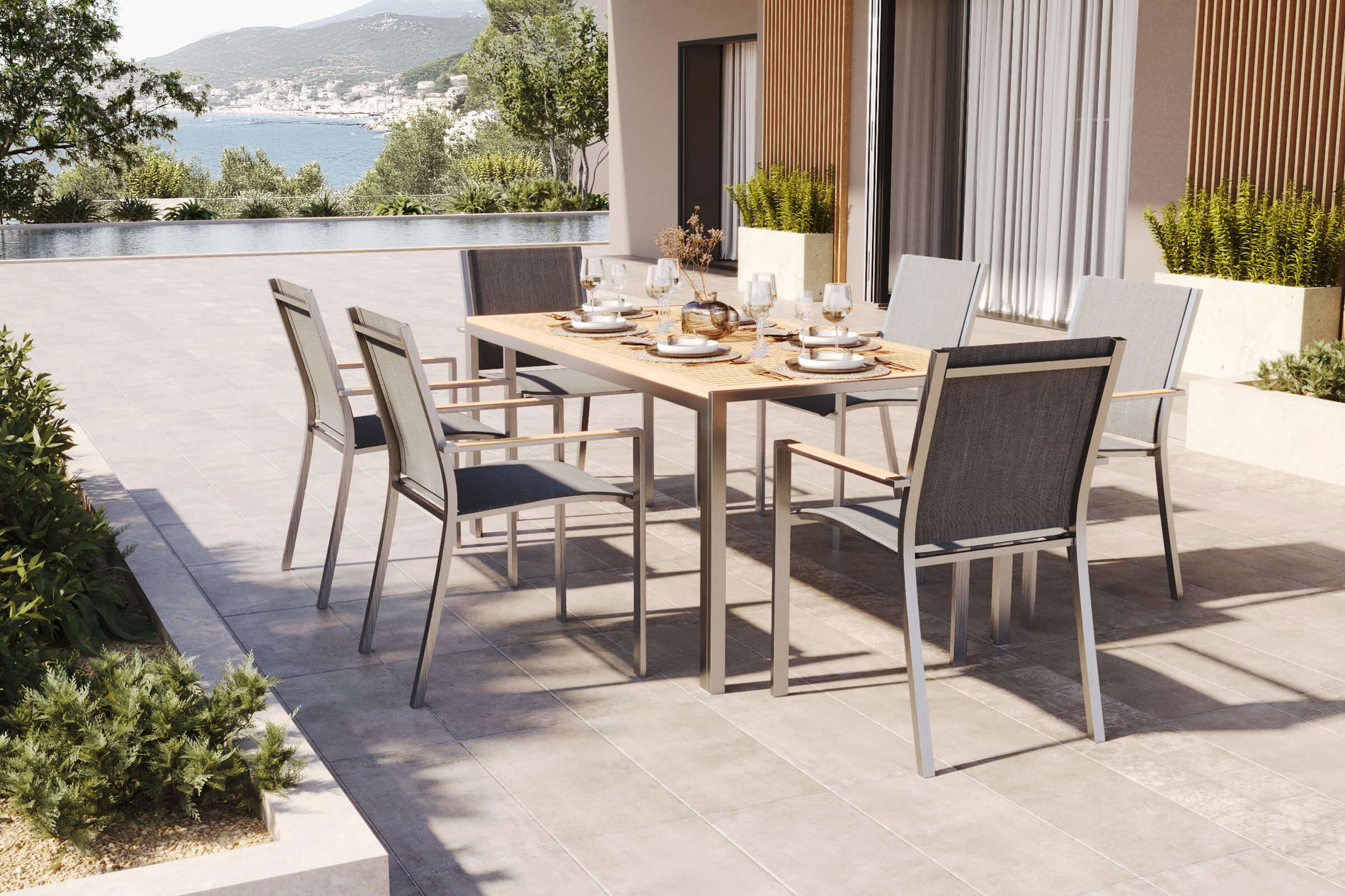 OUTFLEXX Glasgow Zestaw mebli ogrodowych z 6 krzesłami, czarny/naturalny, stal nierdzewna/Textilene, stół jadalny 200 x 90 cm, krzesła składane, produkt certyfikowany FSC® 80488__1