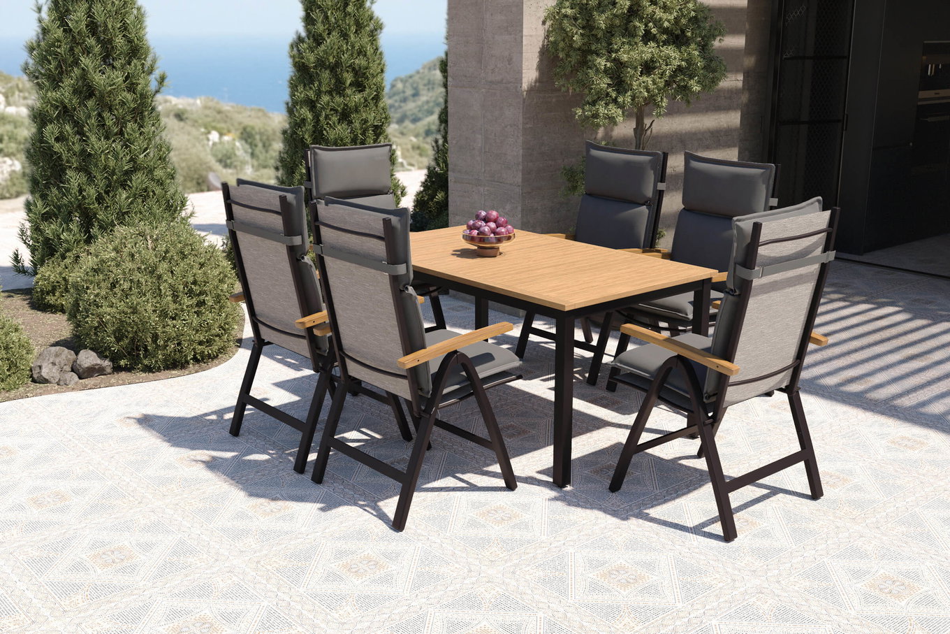 VILLANA Lagos Zestaw jadalniany do ogrodu, czarny/ciemnoszary, aluminium/eukaliptus/textilene, 150/200 x 90 cm, rozkładany, składany, produkt z certyfikatem FSC® 80726__1