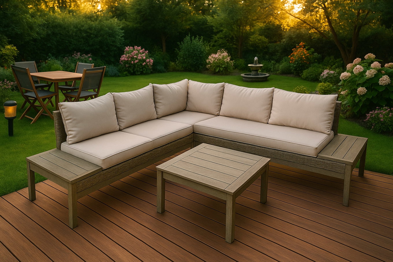 Ploß Arendal Zestaw narożny lounge, styl vintage, polirattan/akacja, 4 elem., 4-5 osób, 75x75cm, z poduszkami, produkt certyfikowany FSC® 21642__1