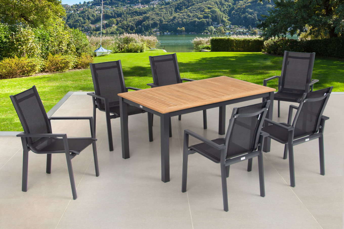 OUTFLEXX Zestaw jadalniany ogrodowy, OUTFLEXX® antracytowy matowy, Alu / Teak / Textil, Stół rozkładany 150/210x90cm, 6 krzeseł składanych 22178__1