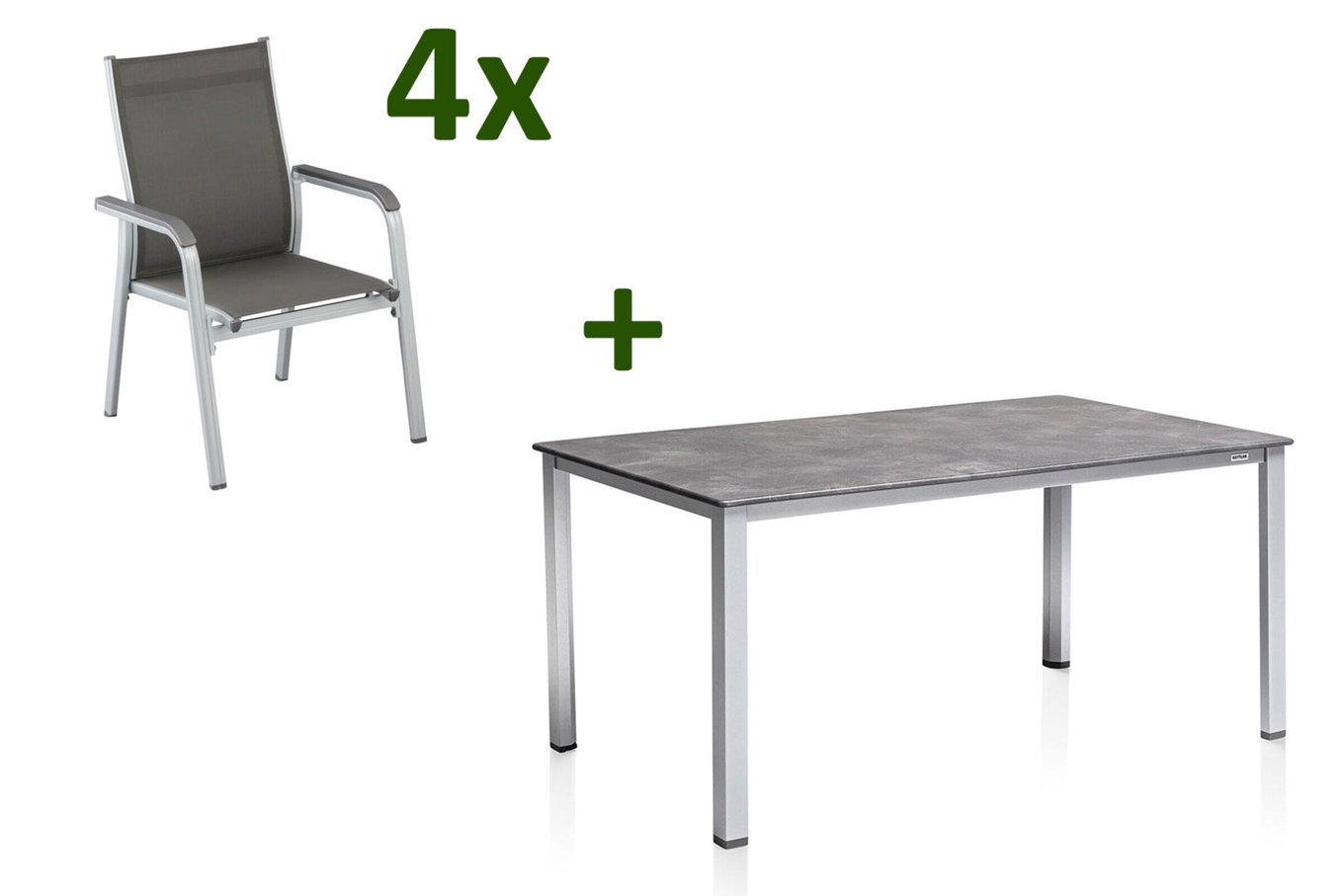 KETTLER Cubic/Basic Plus Grupa jadalna ogrodowa, srebrny/antracytowy, Alu/Textilene, Stół 160x90 cm, 4 fotele sztaplowane 28696__1