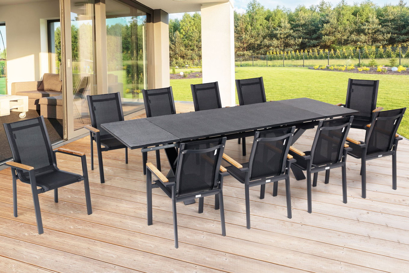OUTFLEXX Grupa jadalniana ogrodowa, OUTFLEXX® antracytowy mat, Alu / Spraystone / Teak, Stół 180/280x100cm, 10 foteli układanych 22129__1