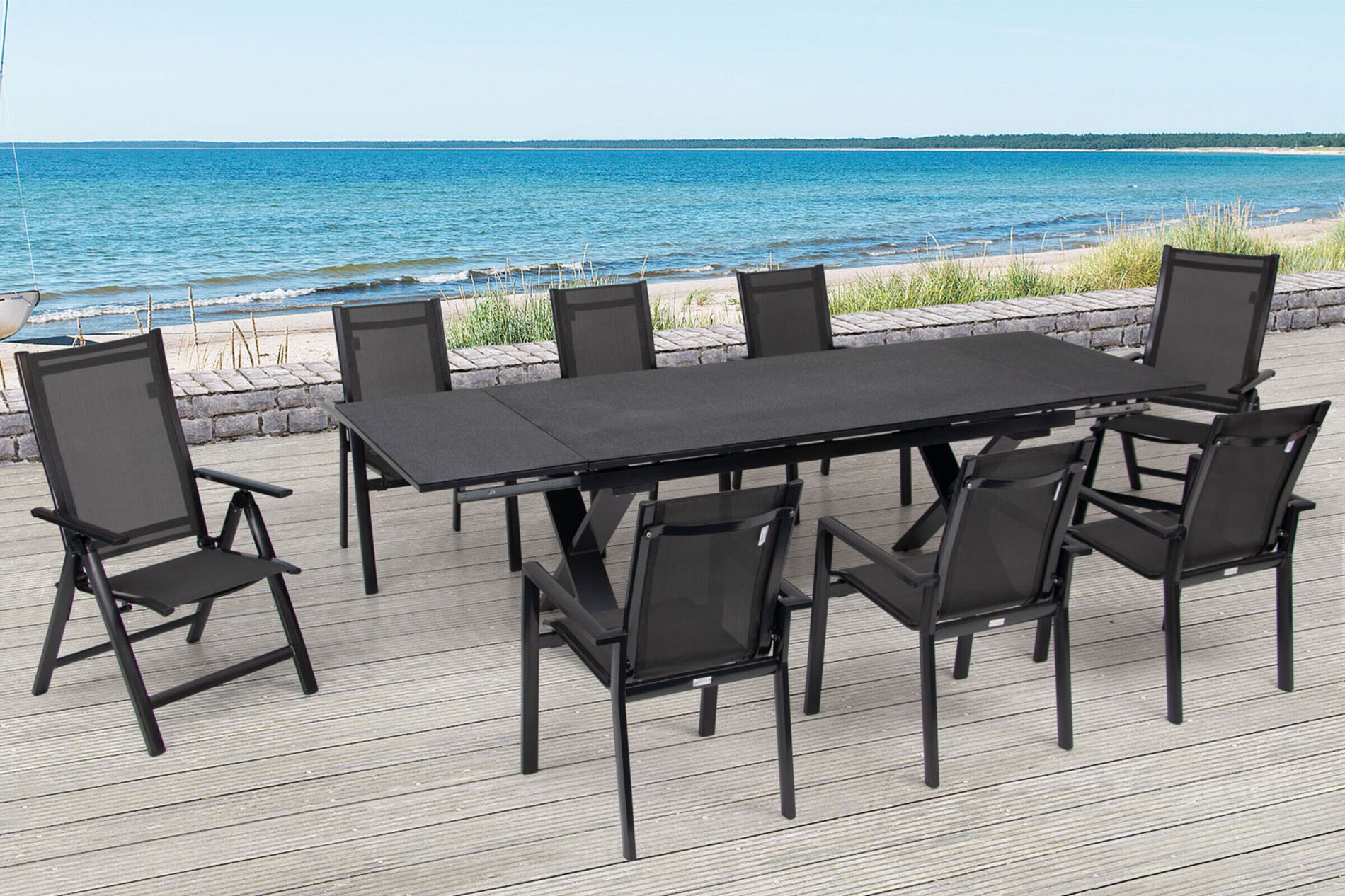 OUTFLEXX Grupa jadalna ogrodowa, antracyt, aluminium / ceramika / textil, 180/280x100cm, 2 krzesła składane, 6 foteli sztaplowanych 22236__1