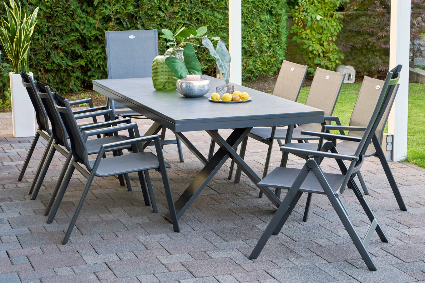 HARTMAN Model specjalny Xanadu / Aruba Ogrodowa grupa jadalnia, xerix/antracyt, Alu/Szkło-ceramika, 6 foteli sztaplowanych, 2 krzesła składane, 220/280x100cm 21140__1