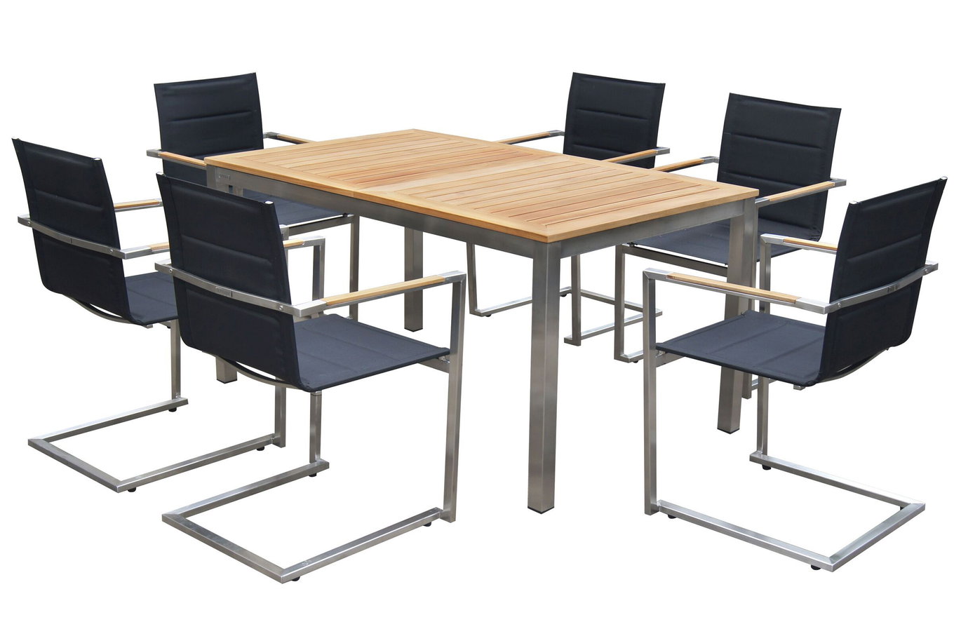 OUTFLEXX Ogrodowy zestaw jadalny, czarny, stal nierdzewna/tik, stół 180/240 x 100 cm, 6 krzeseł sztaplowanych wyściełanych, produkt certyfikowany FSC® 14137__1