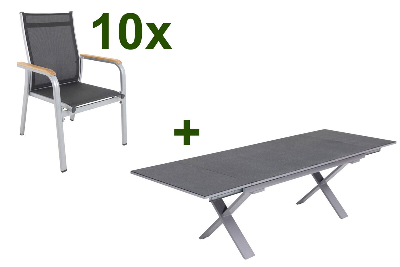 KETTLER Granada Ogrodowa grupa jadalnia, srebrny / antracyt, Alu / Spraystone / Teak, Stół 180/280x100cm, 10 Krzeseł sztaplowanych 23021__1