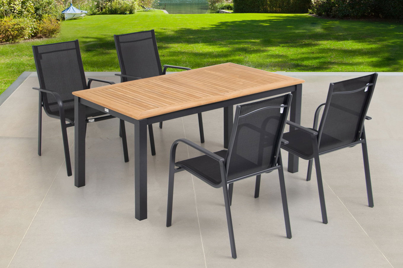 OUTFLEXX Grupa jadalna ogrodowa, OUTFLEXX® antracyt mat, Aluminium / Teak / Textil, Stół 150/210x90cm, 4 fotele, sztaplowane 22182__1