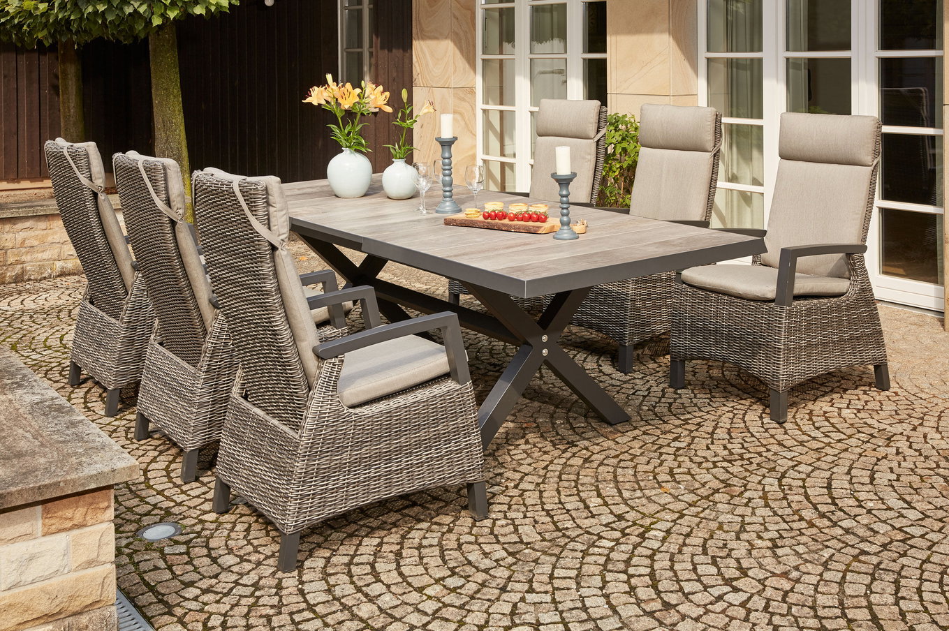 SIENA GARDEN Corido / Sincro Ogrodowy zestaw jadalny, charcoal, Alu / Splot Gardino®, 6 foteli do jadalni, stół rozkładany 200/260 x 100 cm 21521__1