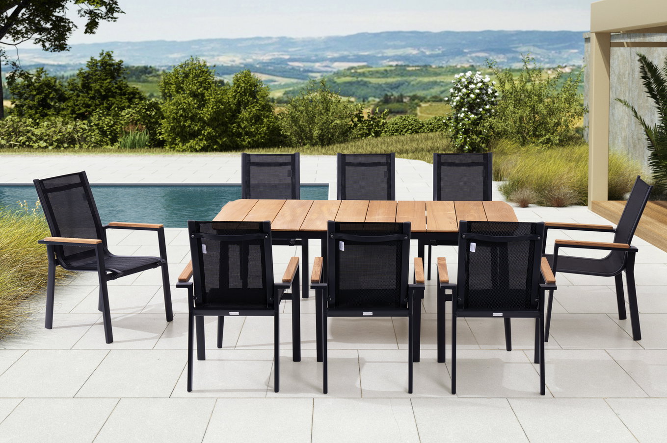 Grupa jadalna ogrodowa OUTFLEXX, antracyt matowy, Alu/Teak/Textil, 184x100 cm, 8 foteli, podłokietniki z teaku 28204__1